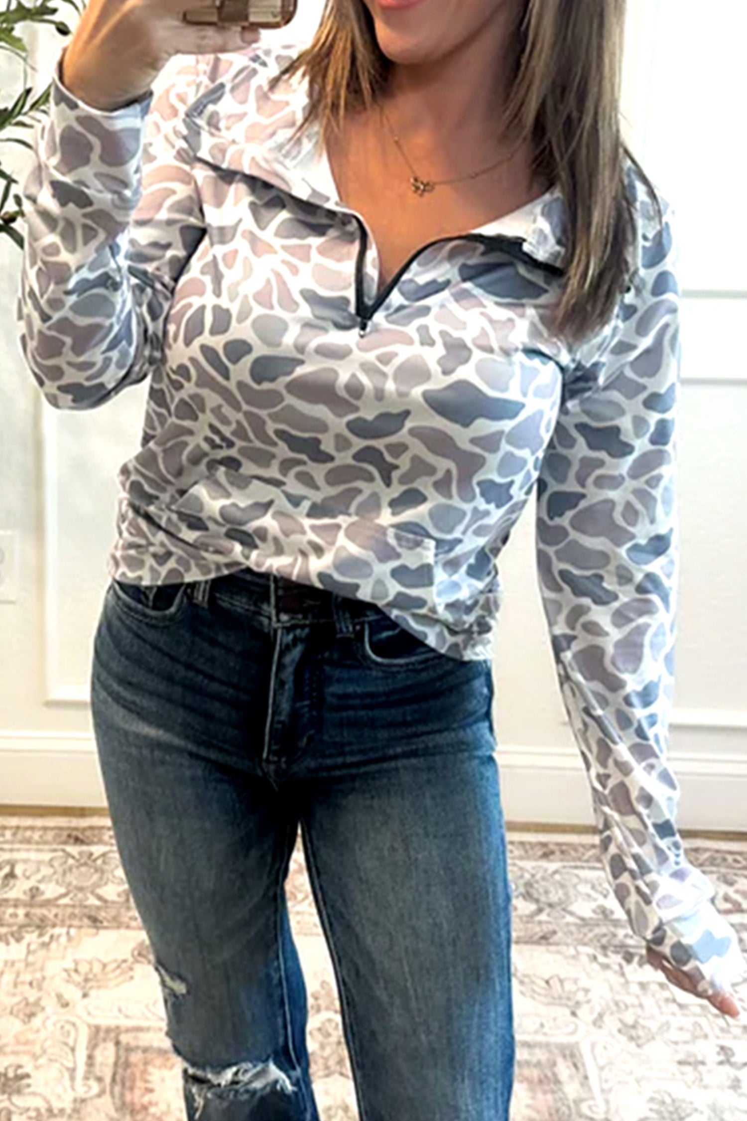 Camouflage Print Kangaroo Pocket Zip Collar Pullover Sweatshirt - eAura