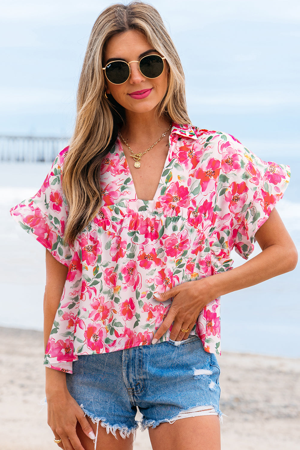 Pink Floral Boxy Fit Ruffled Short Sleeve V Neck Blouse eAura