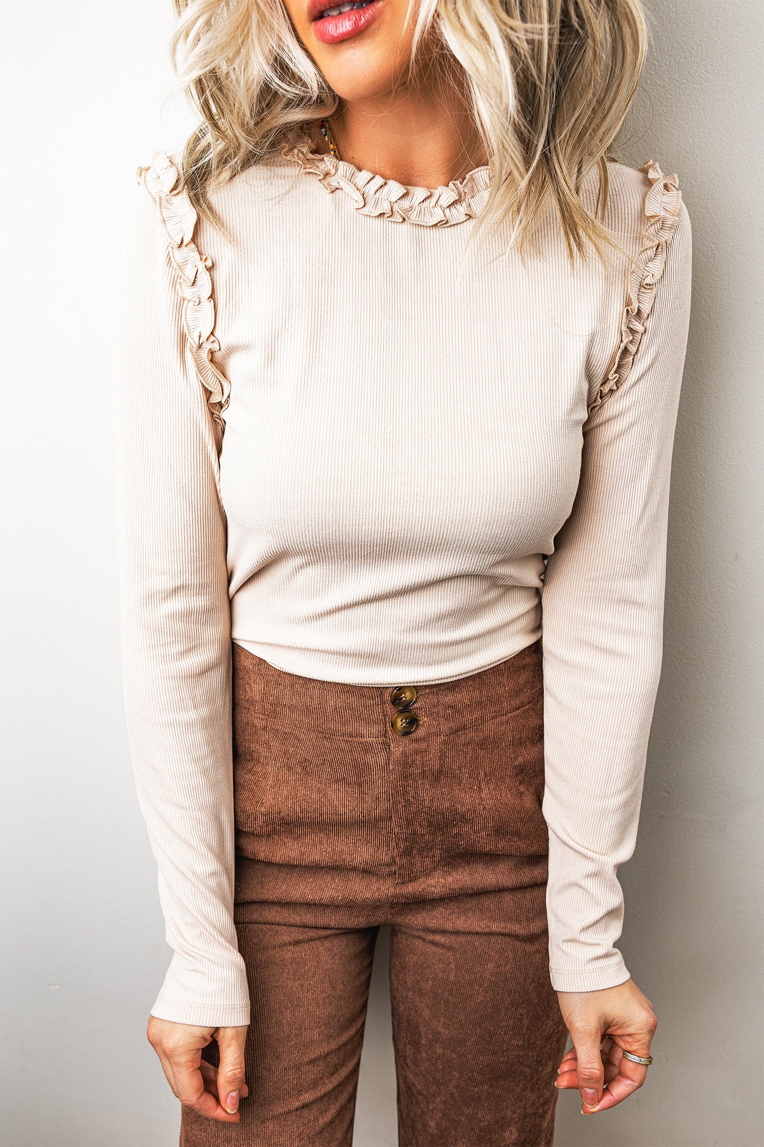 Solid Color Round Neck Frill Detail Long Sleeve Top – Beige