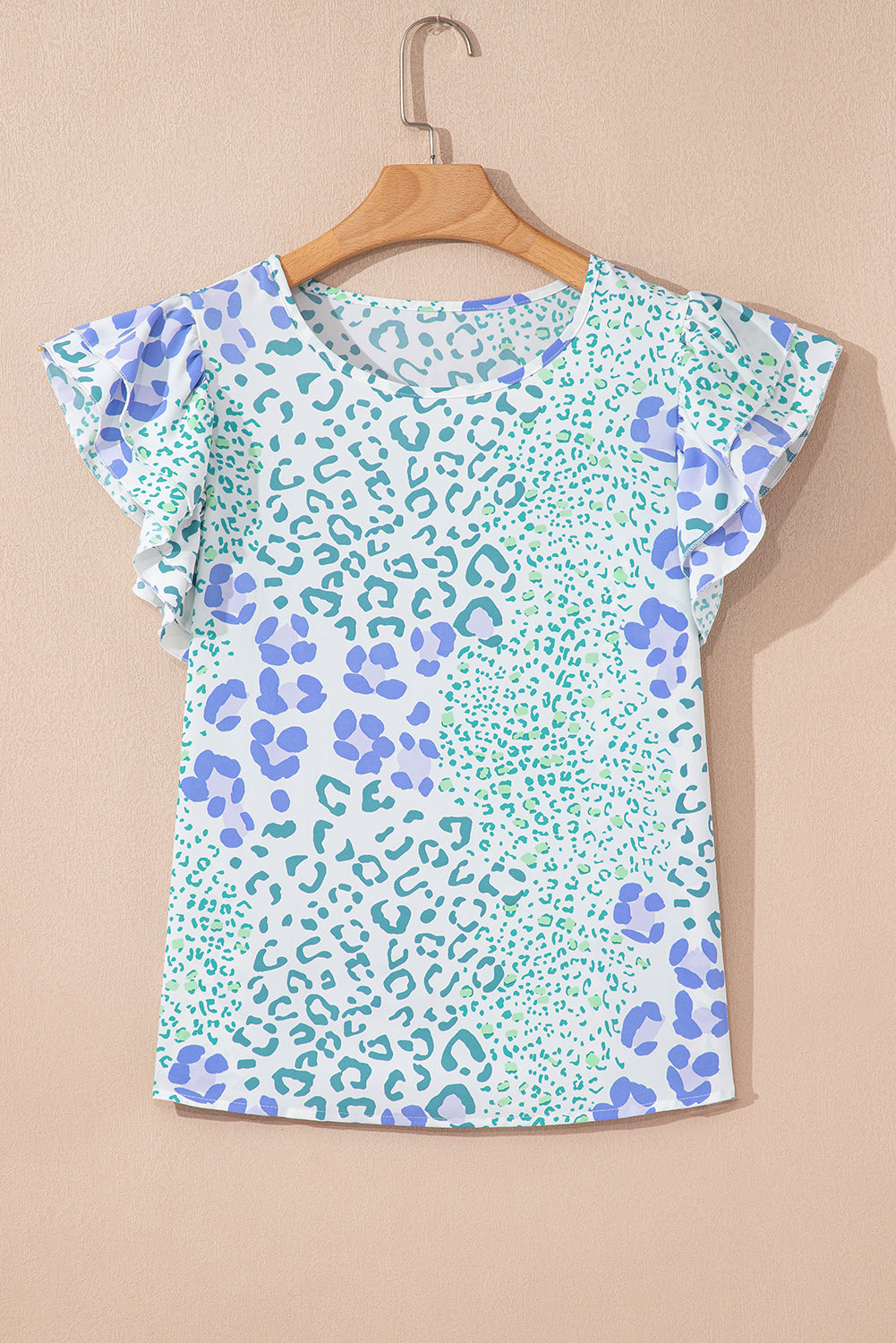 Sky Blue LeopardRuffle Short Sleeve Casual Blouse eAura