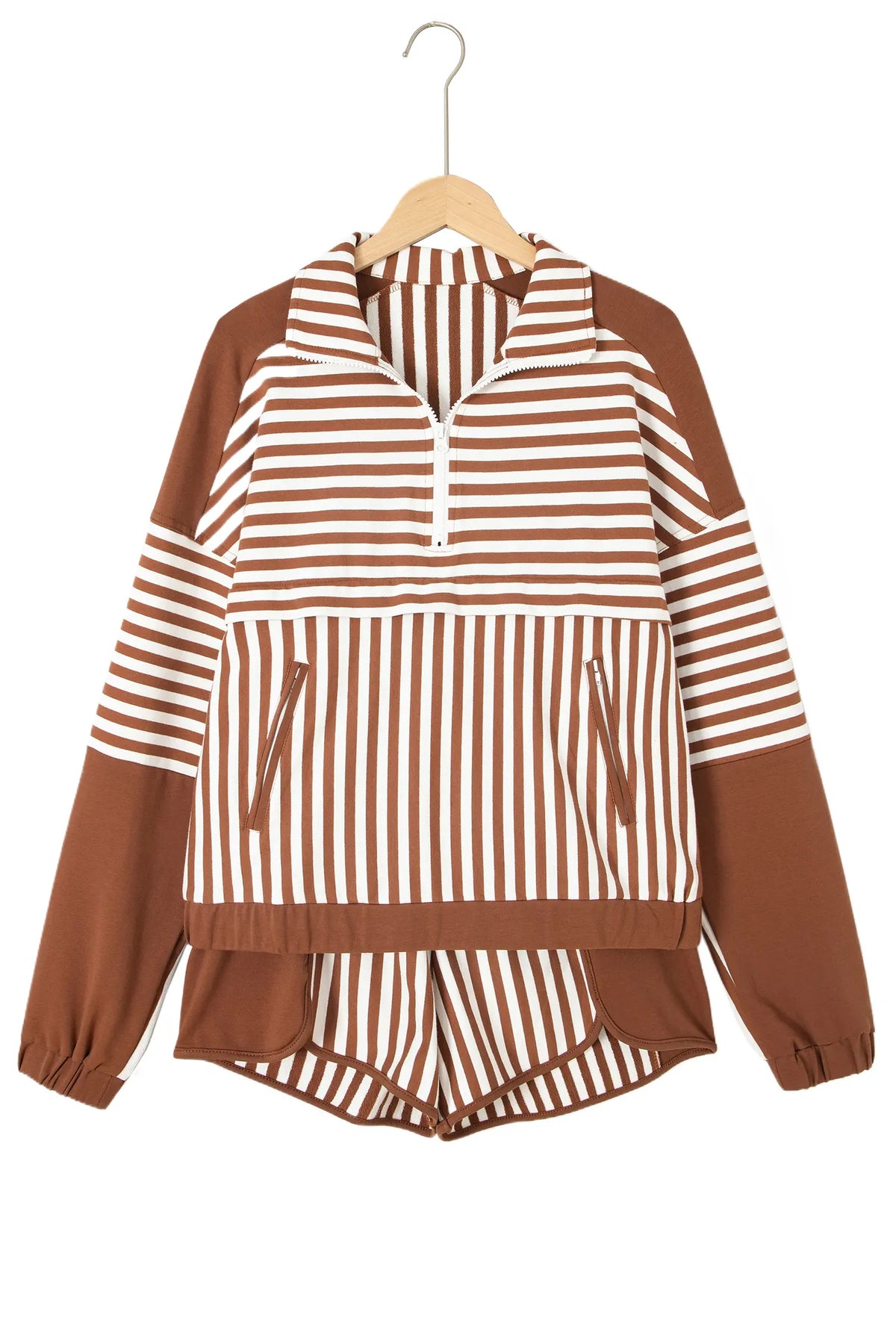 Colour Block Patchwork Quarter Zip Pullover Sporty Shorts Set – Brown Stripe