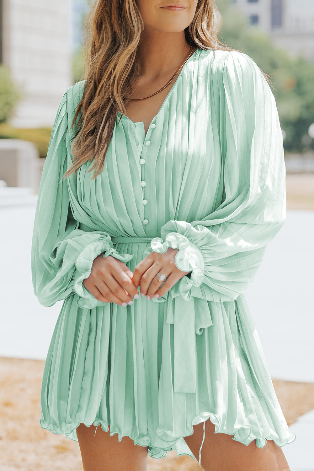 Pink Pleated Ruffled Tie Waist Buttons V Neck Romper eAura