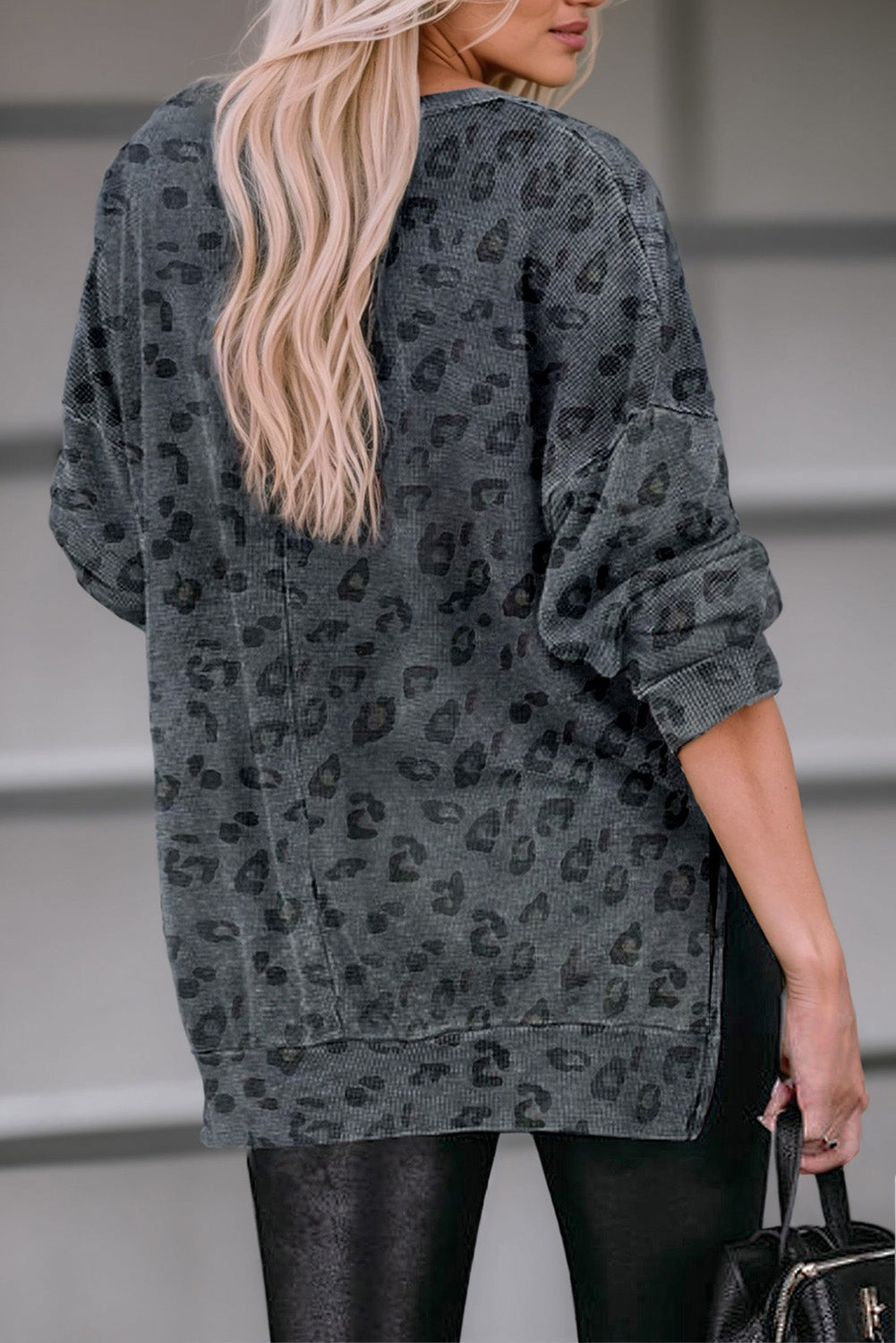 Grey Leopard Print Button Split Neck Waffle Sweatshirt eAura