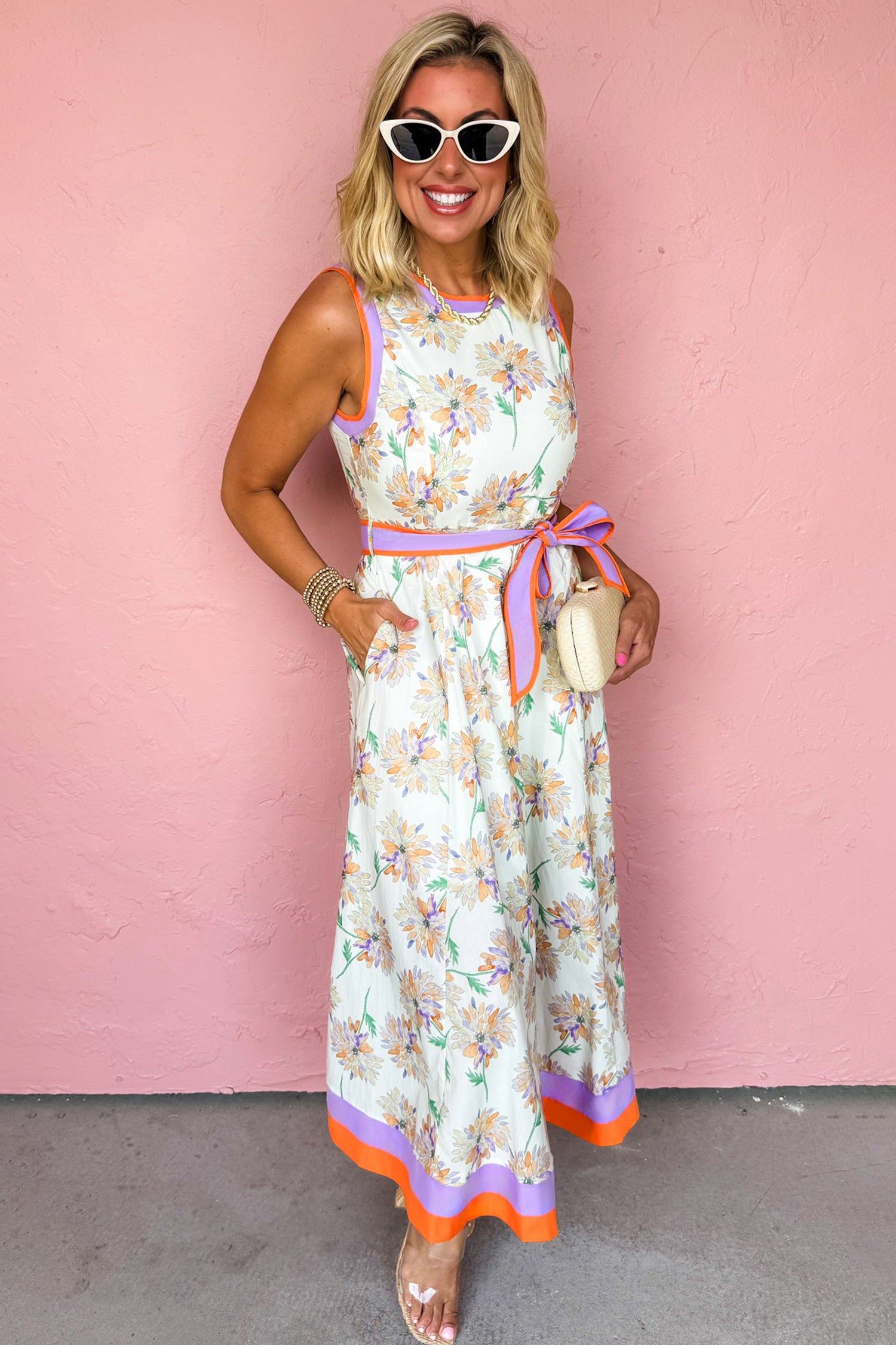 Floral Print Colour Block Trim Belted Sleeveless Maxi Dress