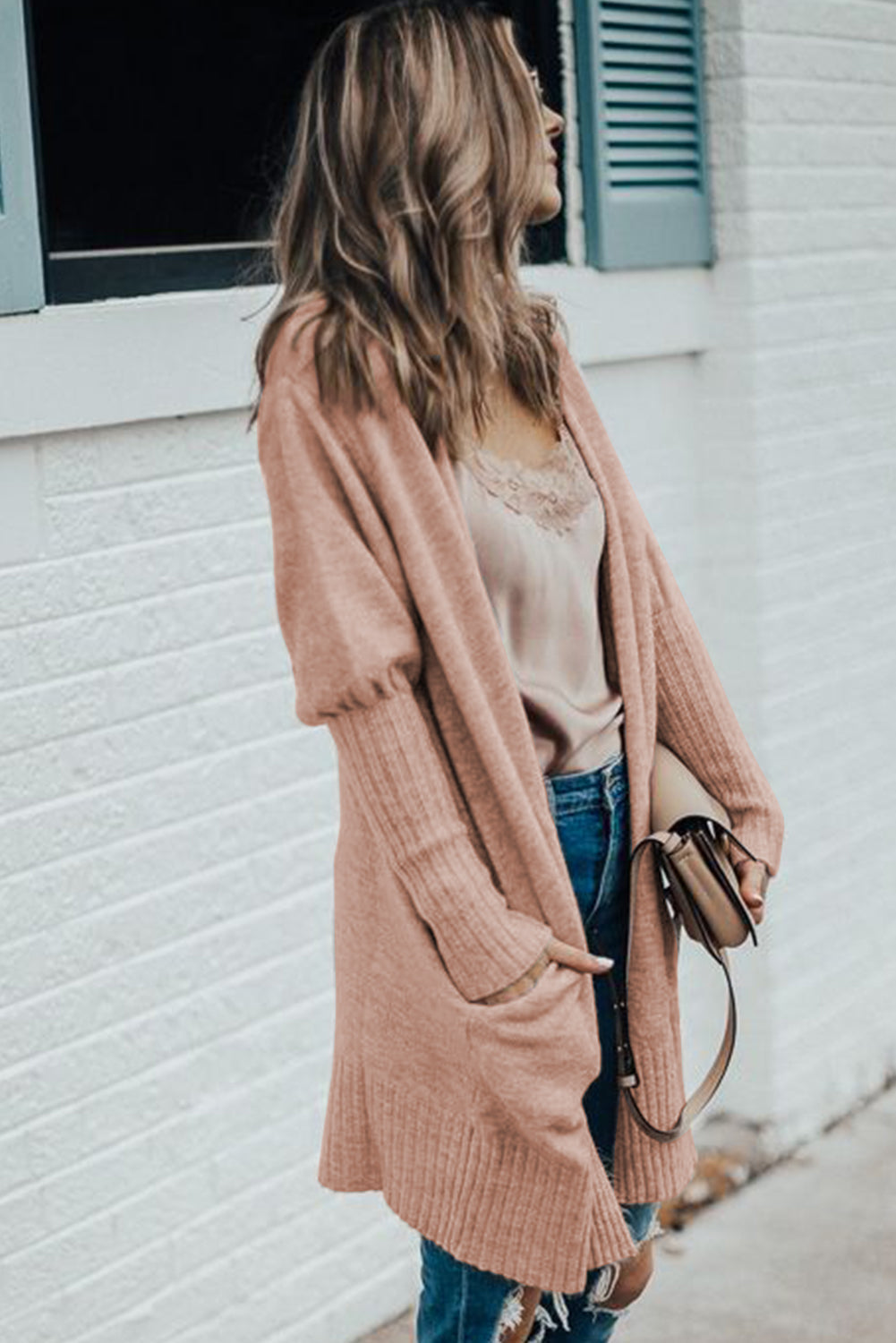 Smoke Grey Ribbed Trim Puff Sleeve Open Cardigan eAura