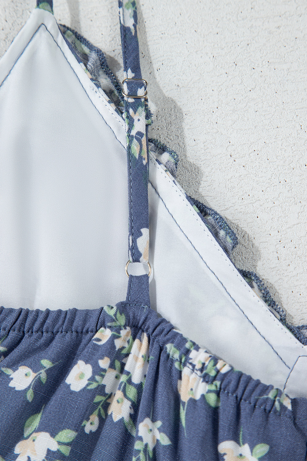 Blue Floral Spaghetti Strap Frilled V Neck Tiered Midi Dress eAura