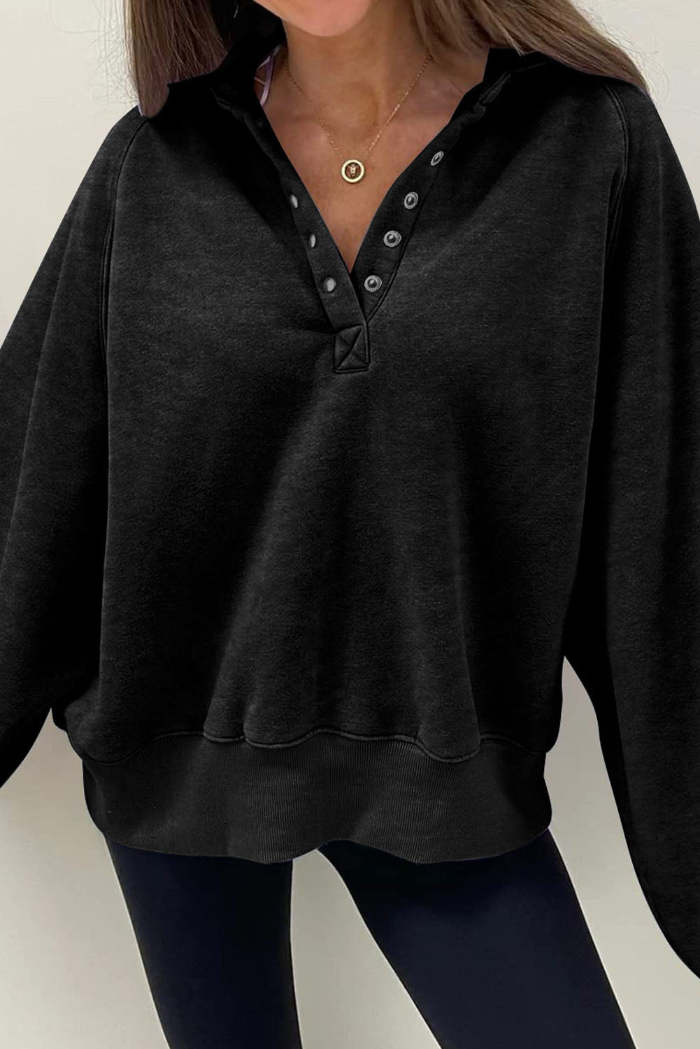 Black Solid Snap Buttons Collared Balloon Sleeve Oversized Sweatshirt eAura