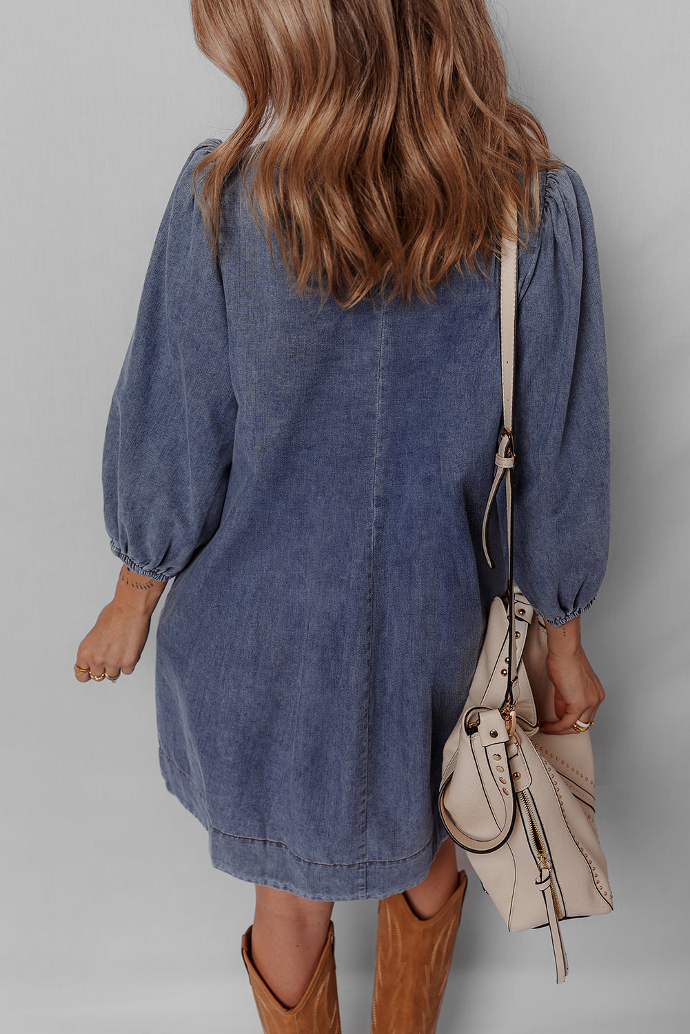 3/4 Sleeve Tied V-Neck Pleated Denim Mini Dress - eAura