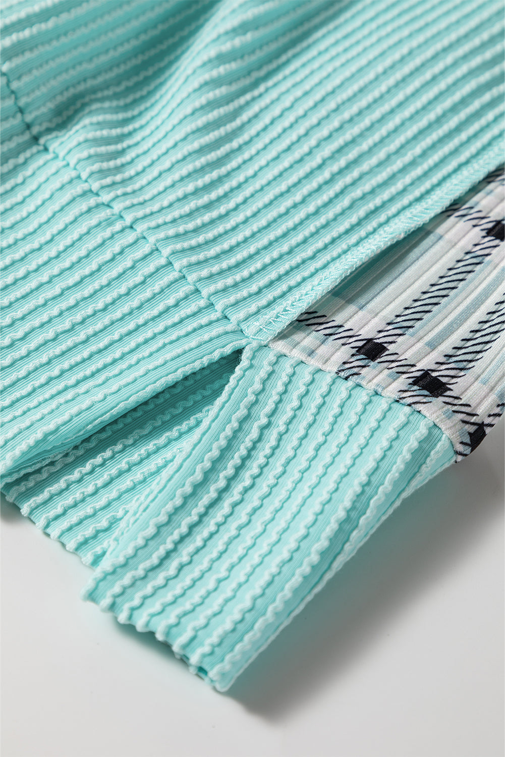 Soft Corded Texture Patchwork Split Neck Long Sleeve Top - eAura