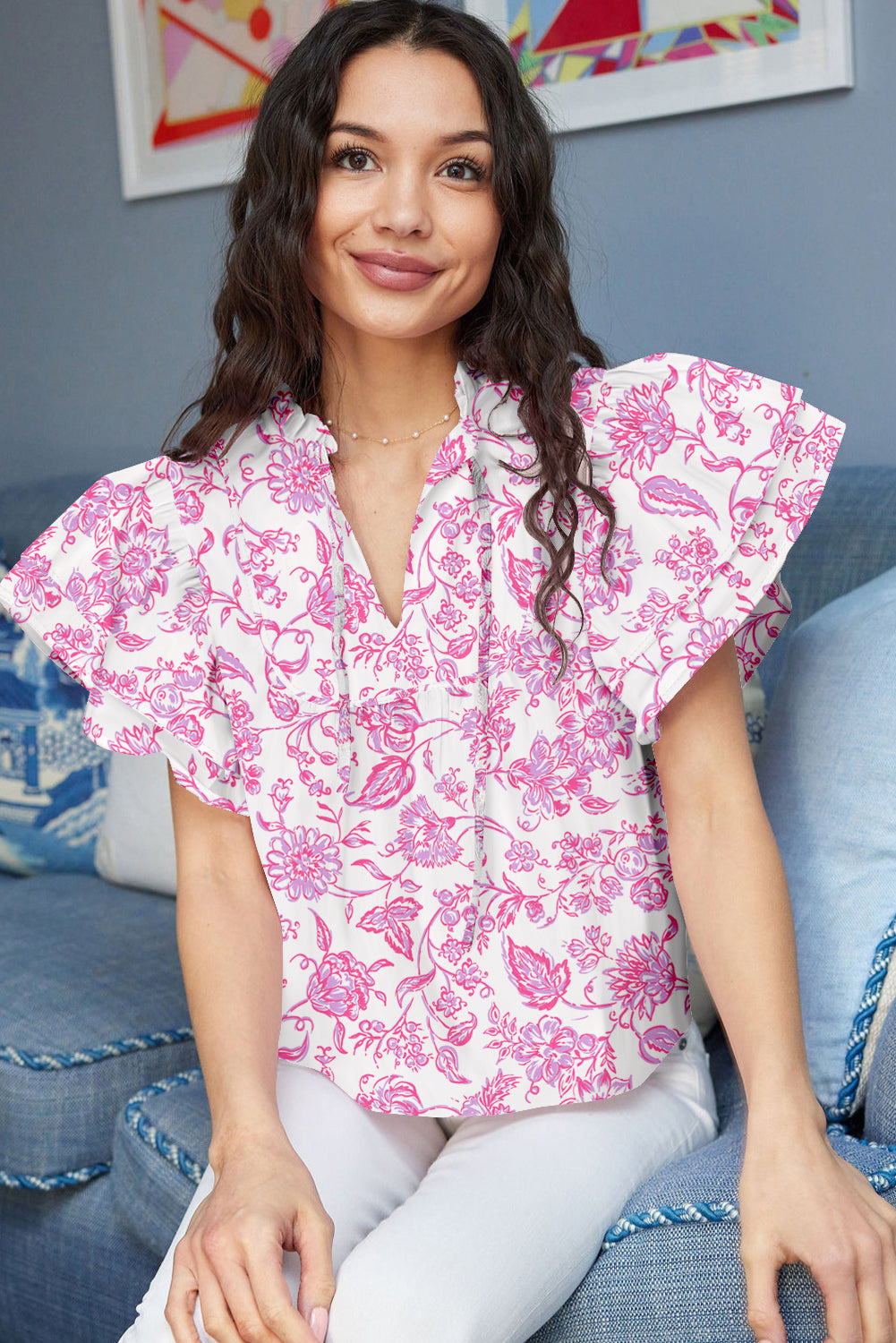 Pink Baroque Floral Ruffle Sleeve V-Neck Blouse Top eAura