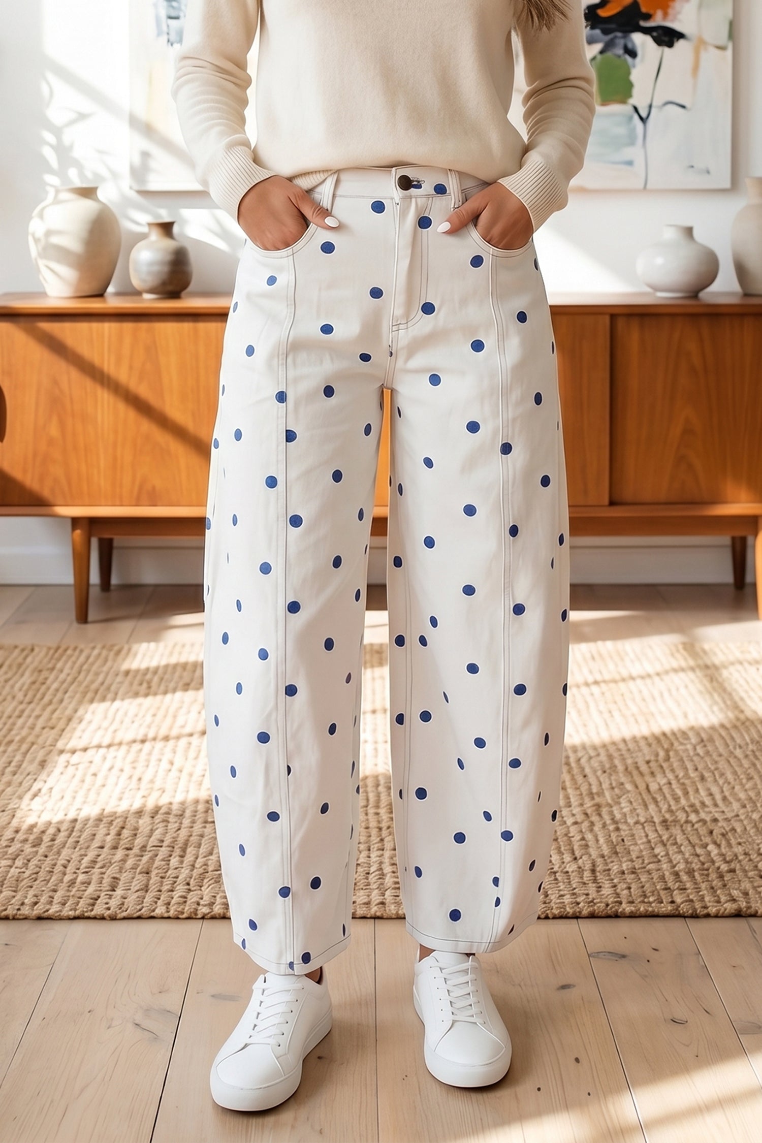 Polka Dot Print Seam Detail Barrel Jeans – Pink