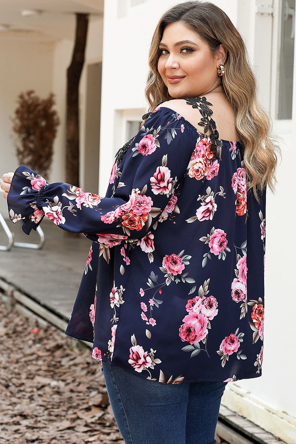 Navy Blue Plus Size Crochet Detail Cold shoulder Floral Blouse BB Fashion Outlet