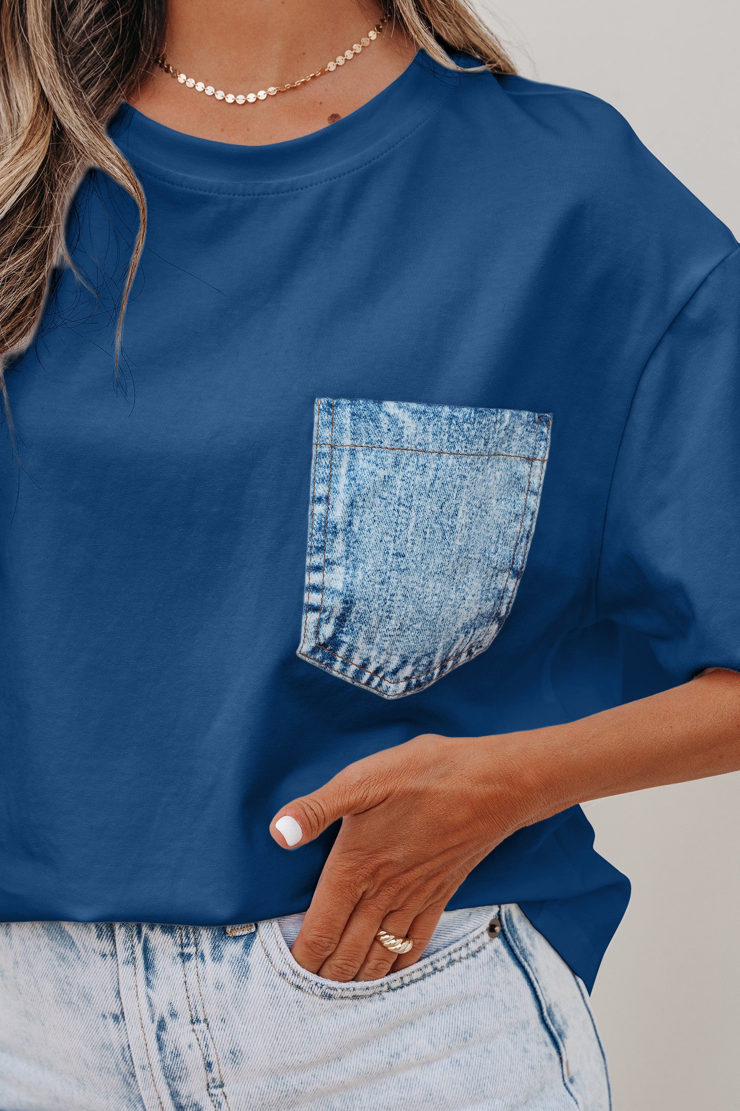Colour Block Chest Pocket Patched Casual Short Sleeve Top