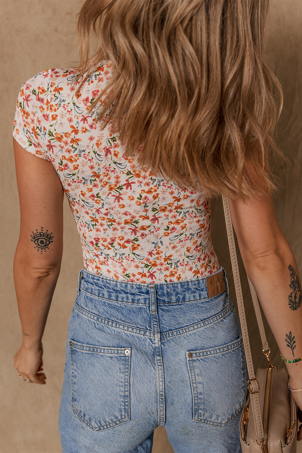Orange Short Sleeve Floral Ruched Sweetheart Bodysuit eAura