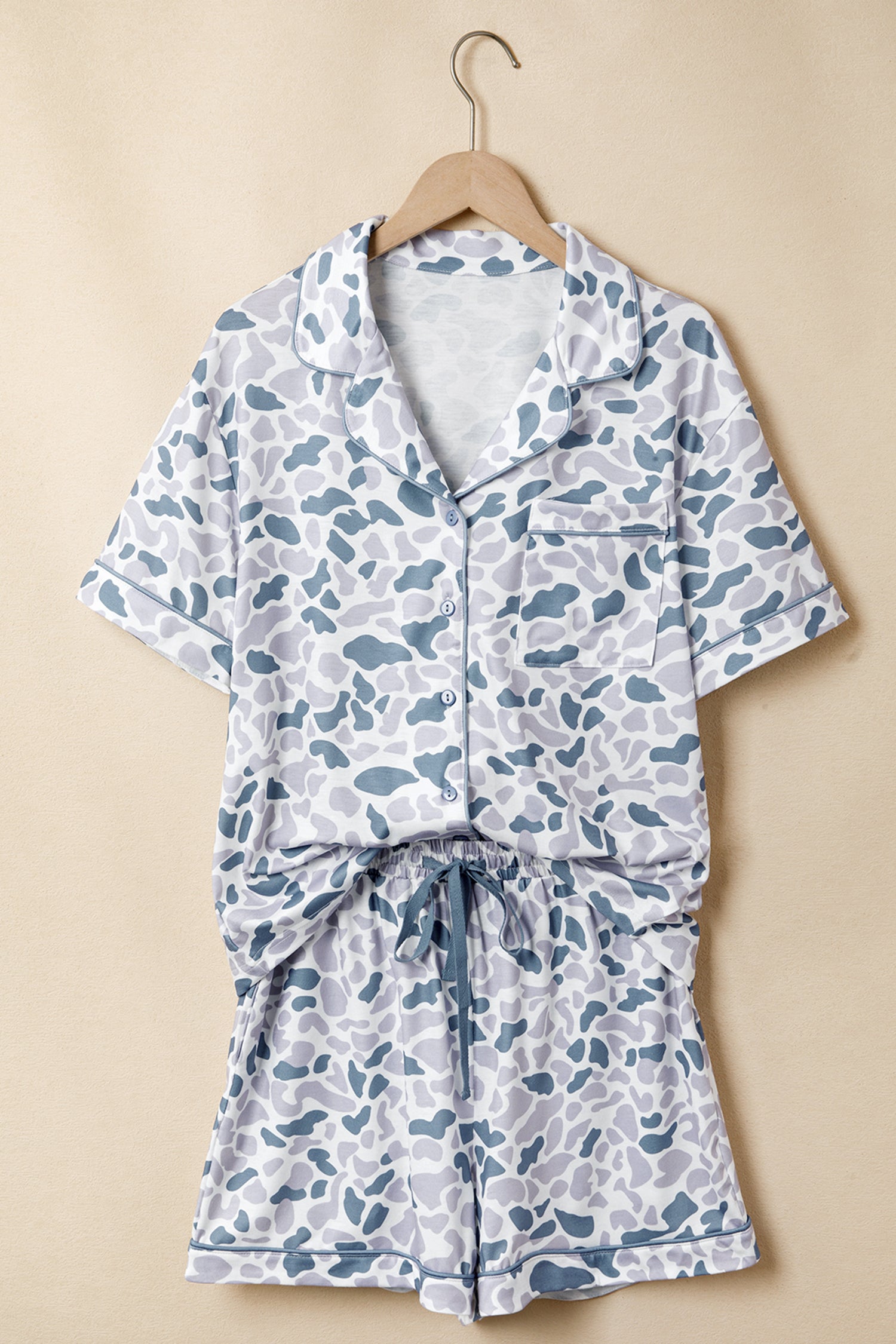 Polka Dot Lapel Shirt & Drawstring Shorts Pyjama Set – Beige