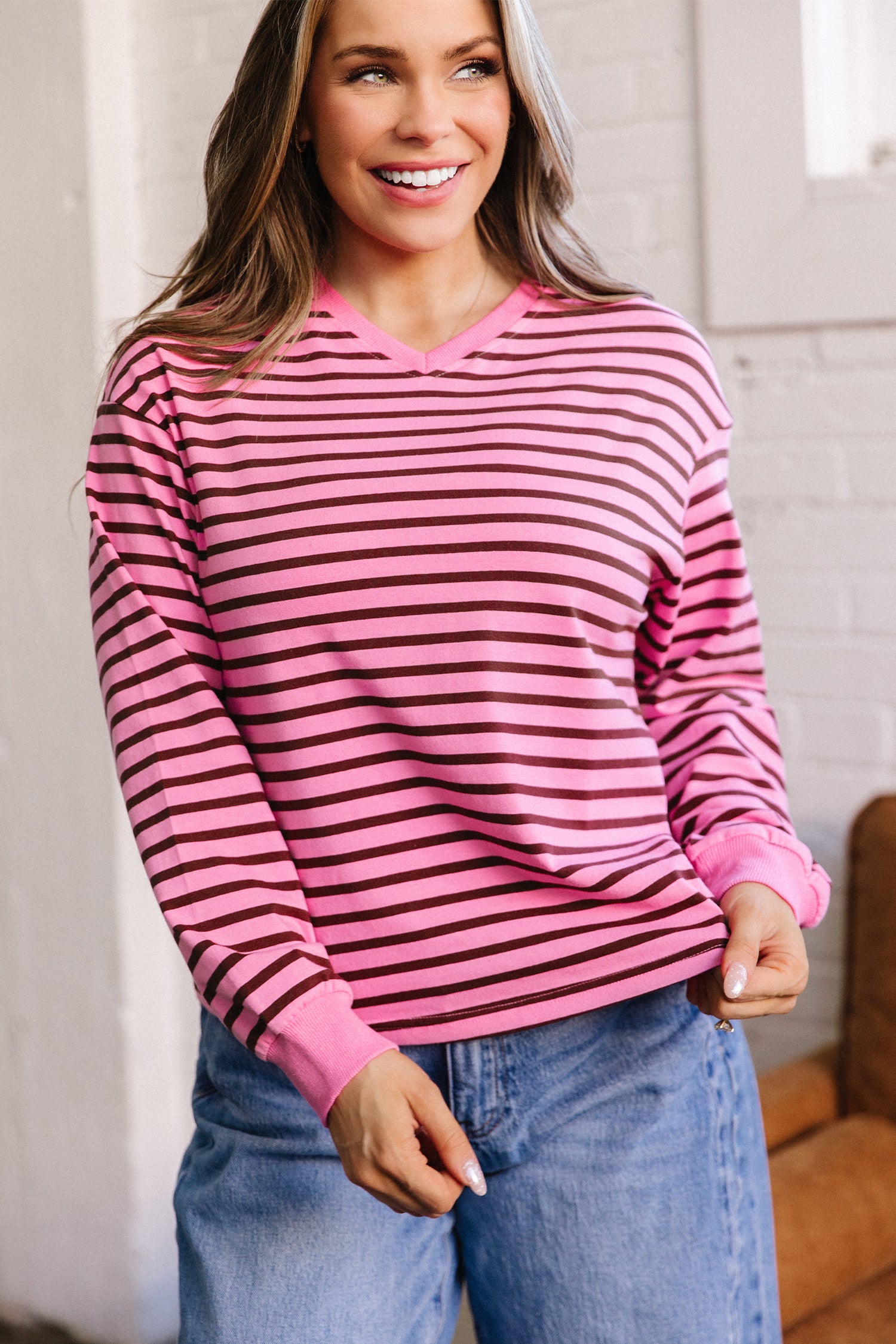 V Neck Drop Shoulder Long Sleeve Top – Pink Stripe