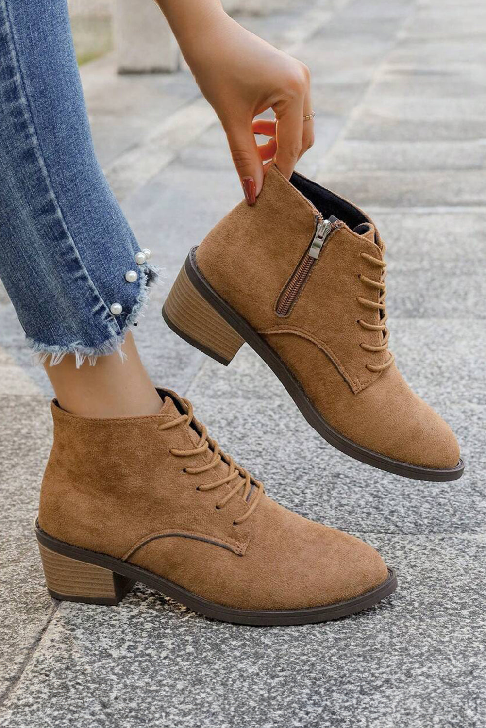 Chestnut Suede Zip Side Lace Up Ankle Boots - eAura