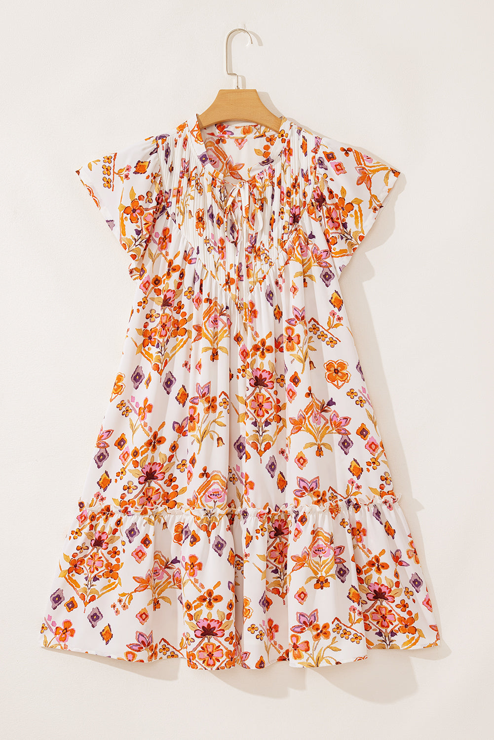 Apricot Floral Geometric Print Ruffled Trim Flutter Sleeve Mini Dress eAura