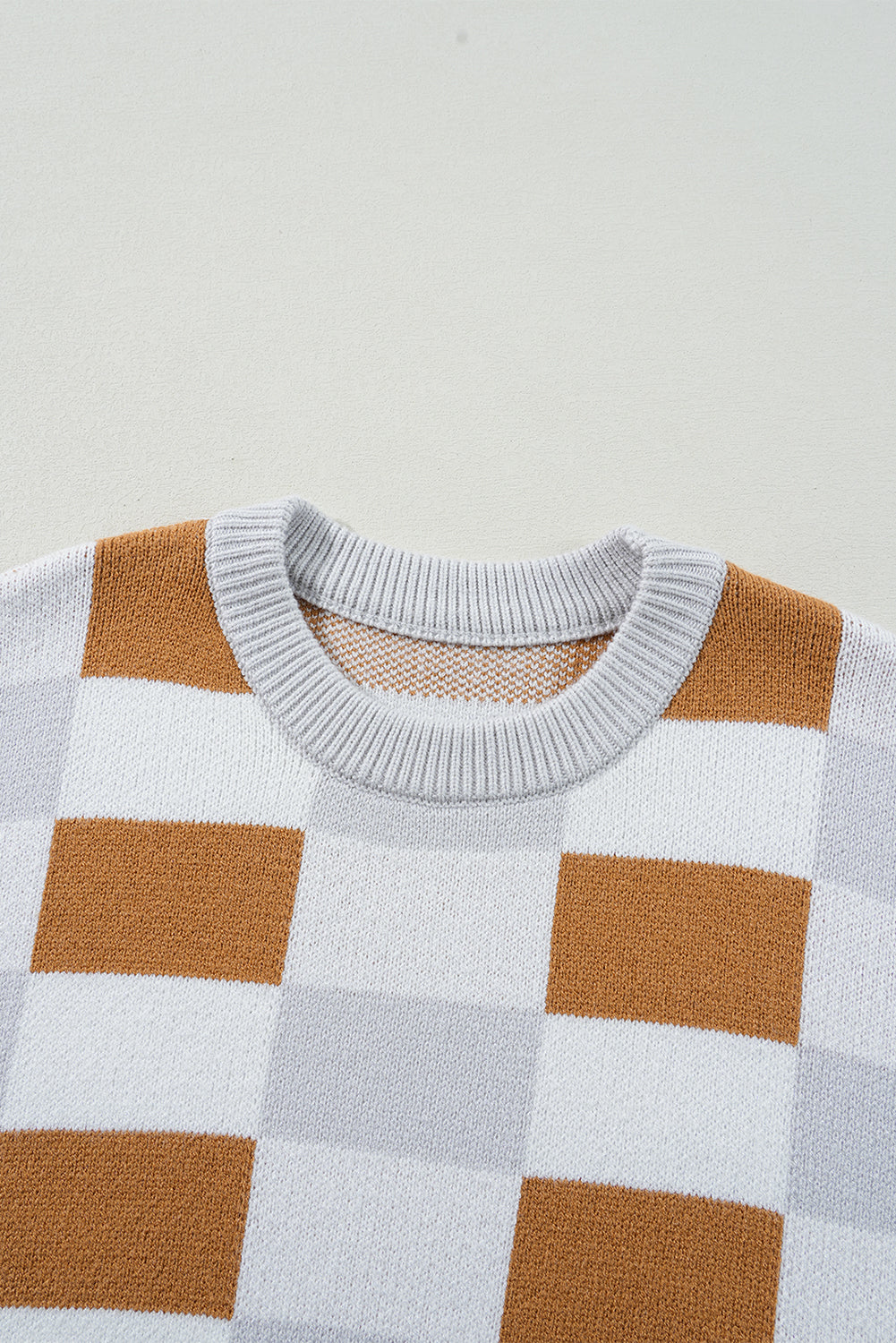 Khaki Checkered Ribbed Edge O Neck Drop Shoulder Sweater eAura