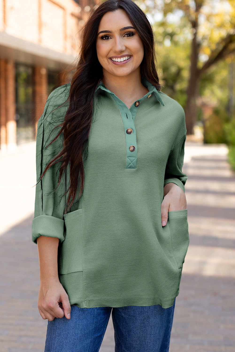 Smoke Green Waffle Long Sleeve Collar Half Button Loose Top eAura