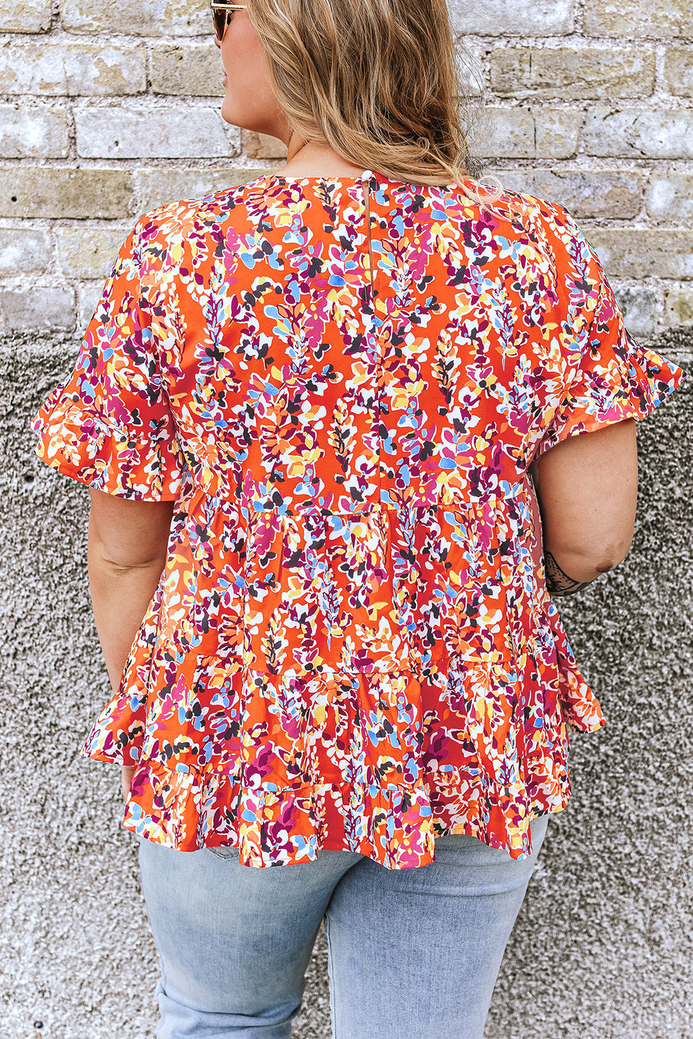 Orange Floral Printed Ruffle Sleeve Curvy Babydoll Blouse BB Fashion Outlet