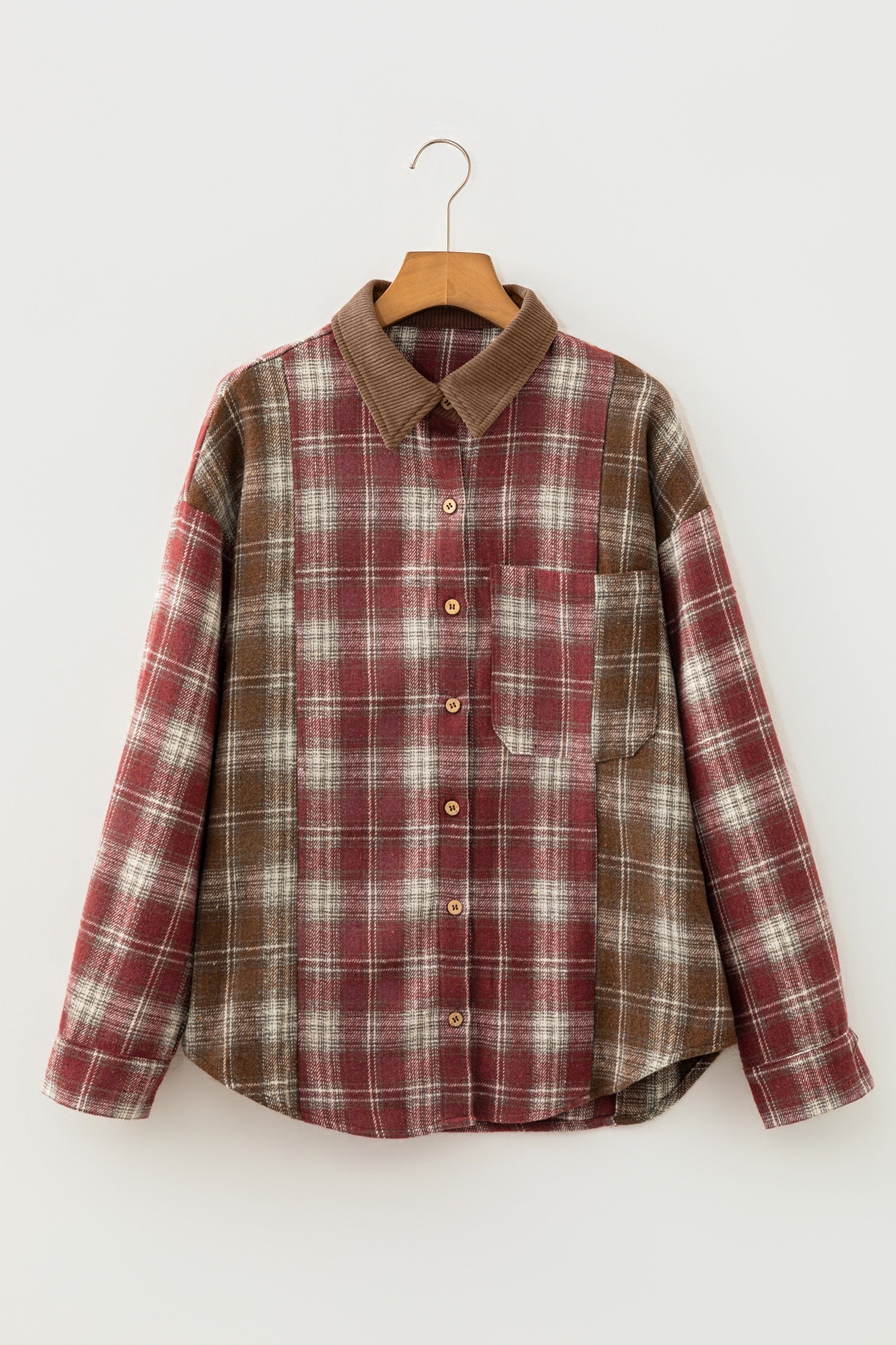 Contrast Plaid Long Sleeve Button Down Shirt – Red