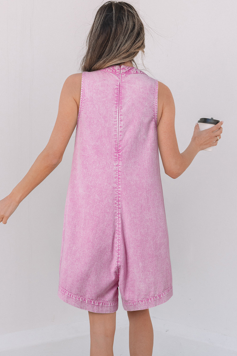 Mineral Wash Pleated Bust V Neck Sleeveless Denim Romper eAura
