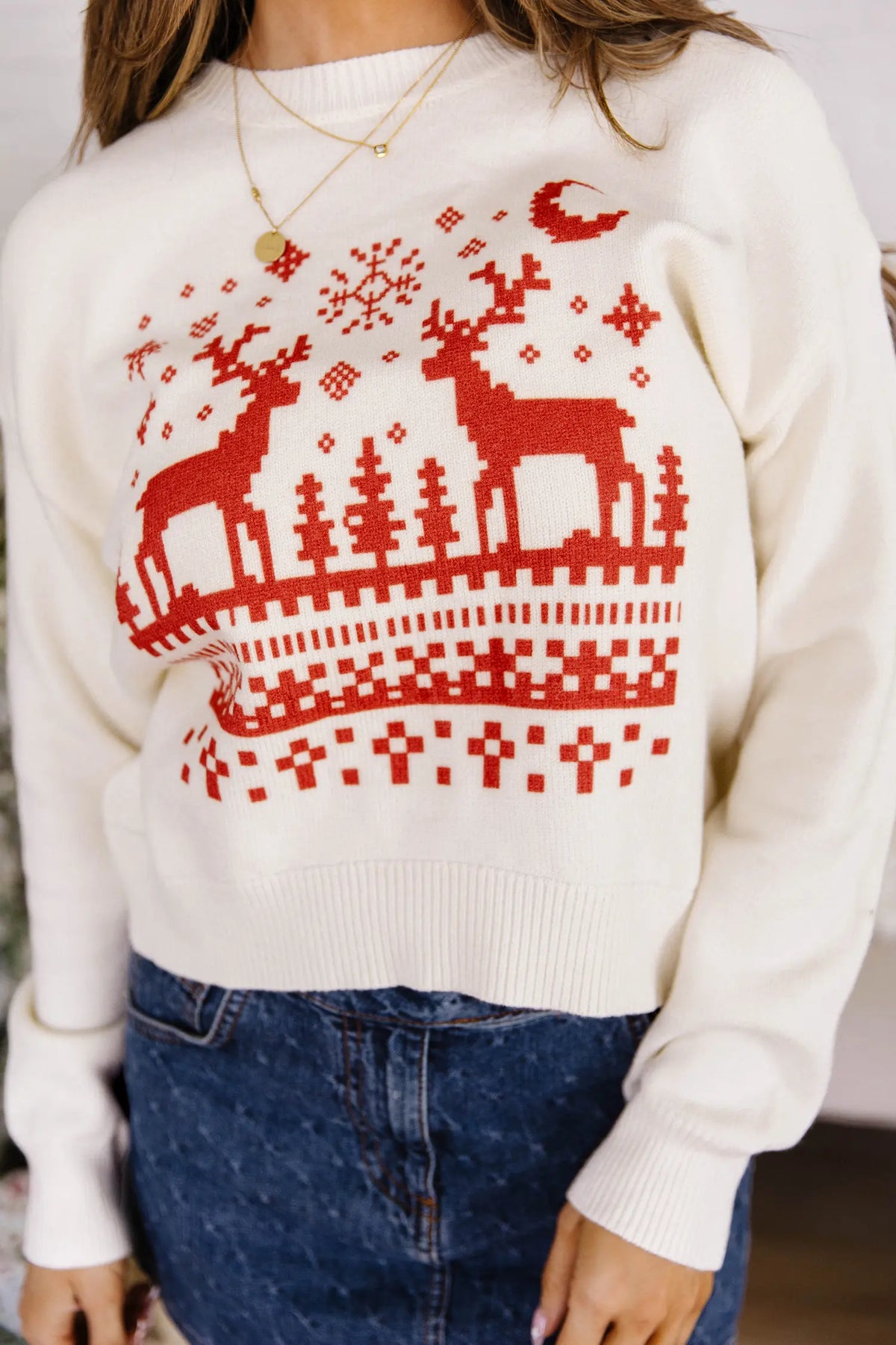 Round Neck Christmas Pixel Reindeer Sweater
