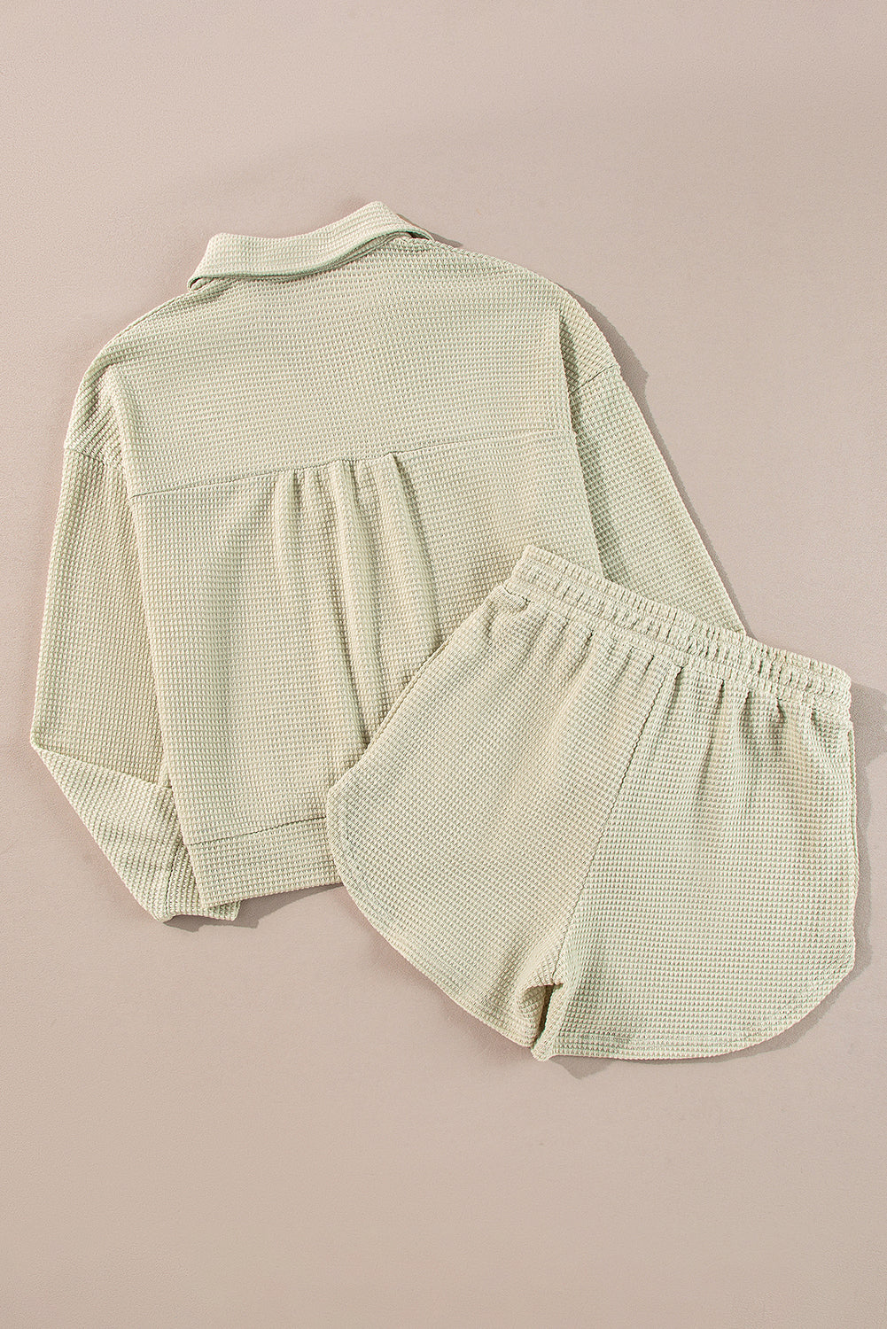Parchment Textured Buttoned Long Sleeve Top 2 Piece Shorts Set eAura