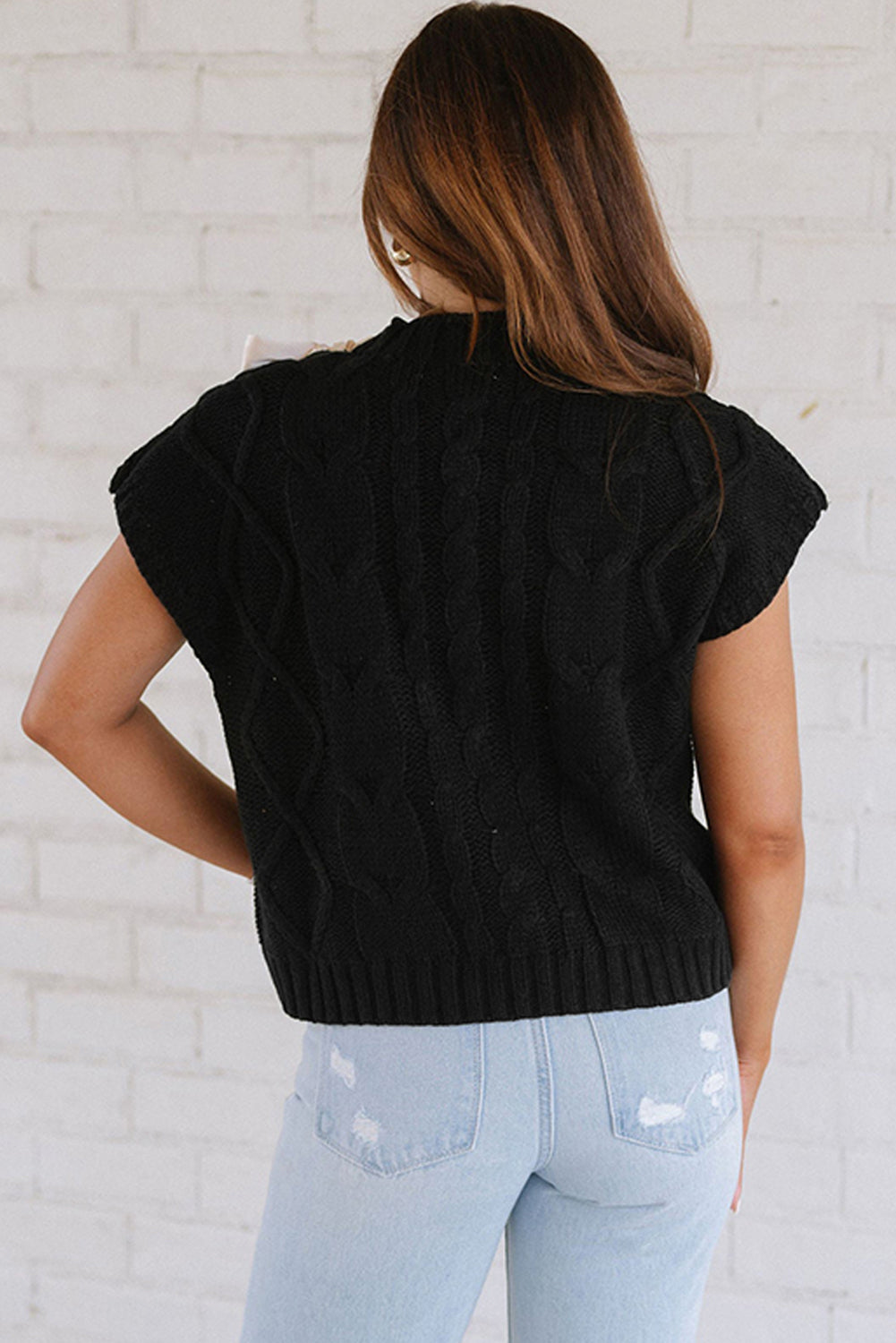 Black Cable Knit Colourblock Satin Bowknot Short Sleeve Sweater eAura