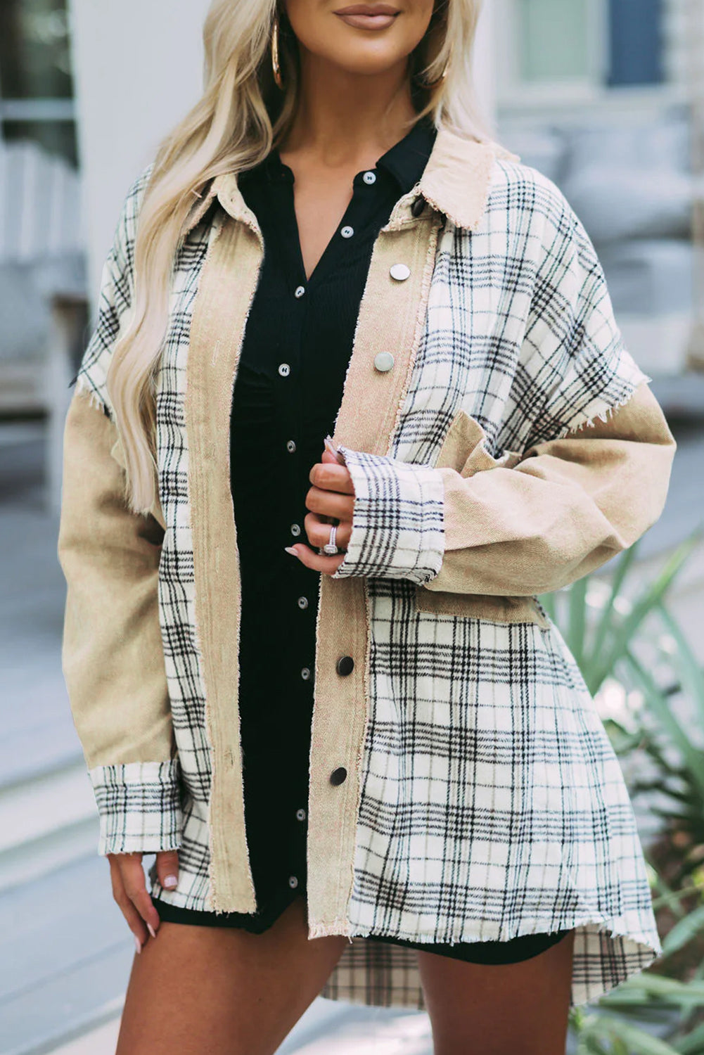 Khaki Distressed Raw Edge Plaid Patchwork Denim Jacket Beagle Boutique Fashion Outlet