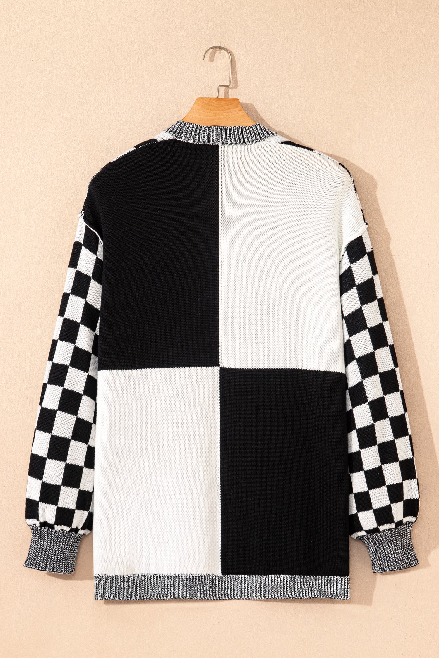 Checkered Bubble Sleeve Drop Shoulder Open Cardigan - eAura