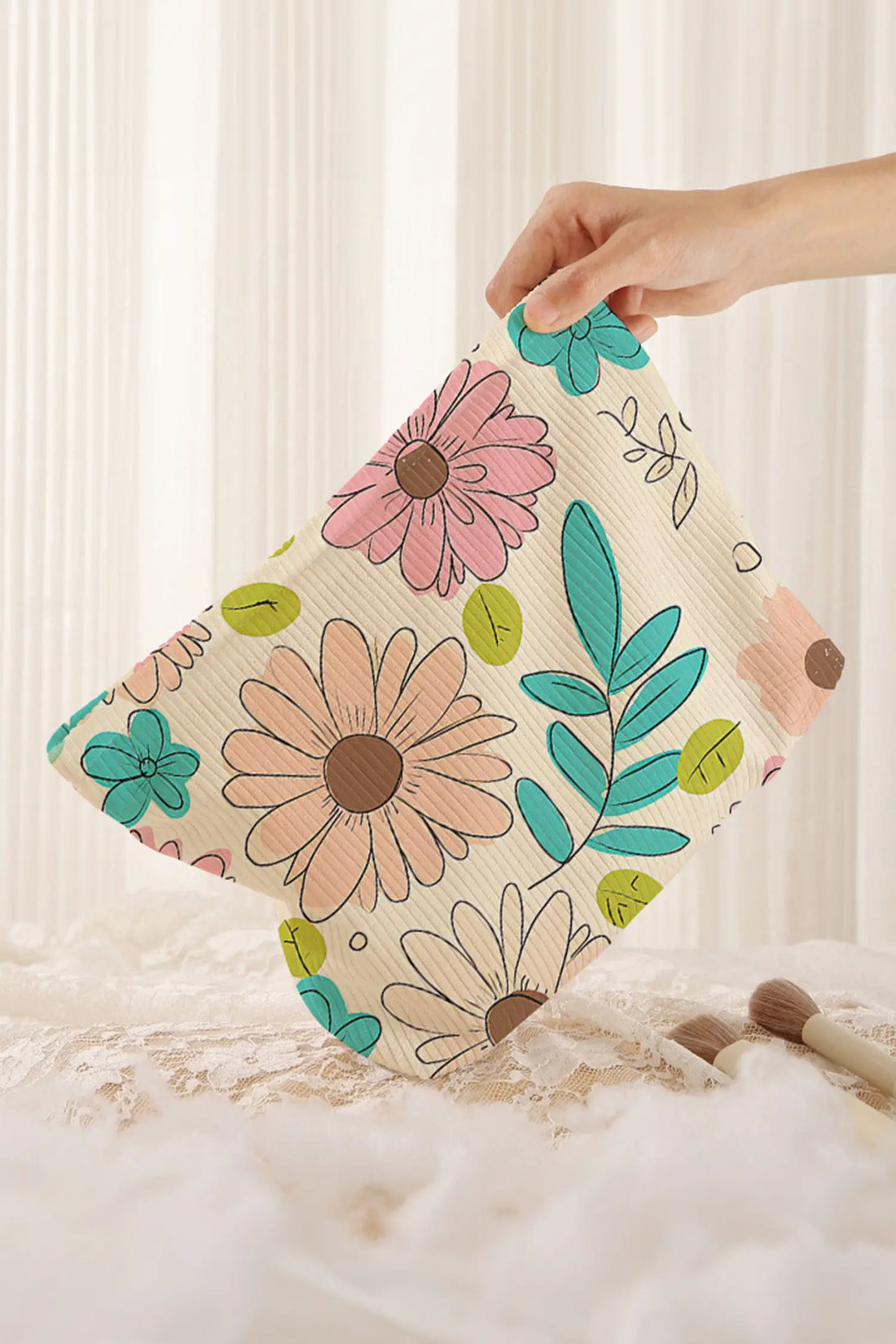 Floral Print Ribbed Makeup Bag