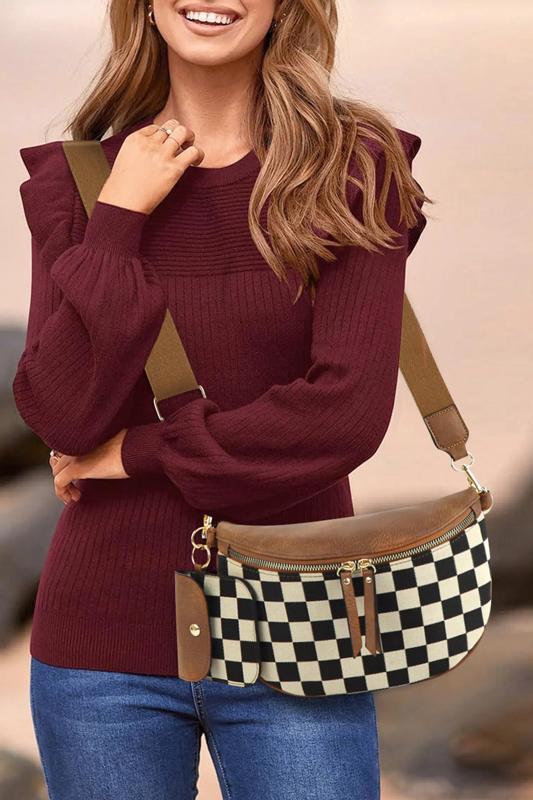 Checkered Knit & PU Leather Patchwork Shoulder Bag with Attached Wallet
