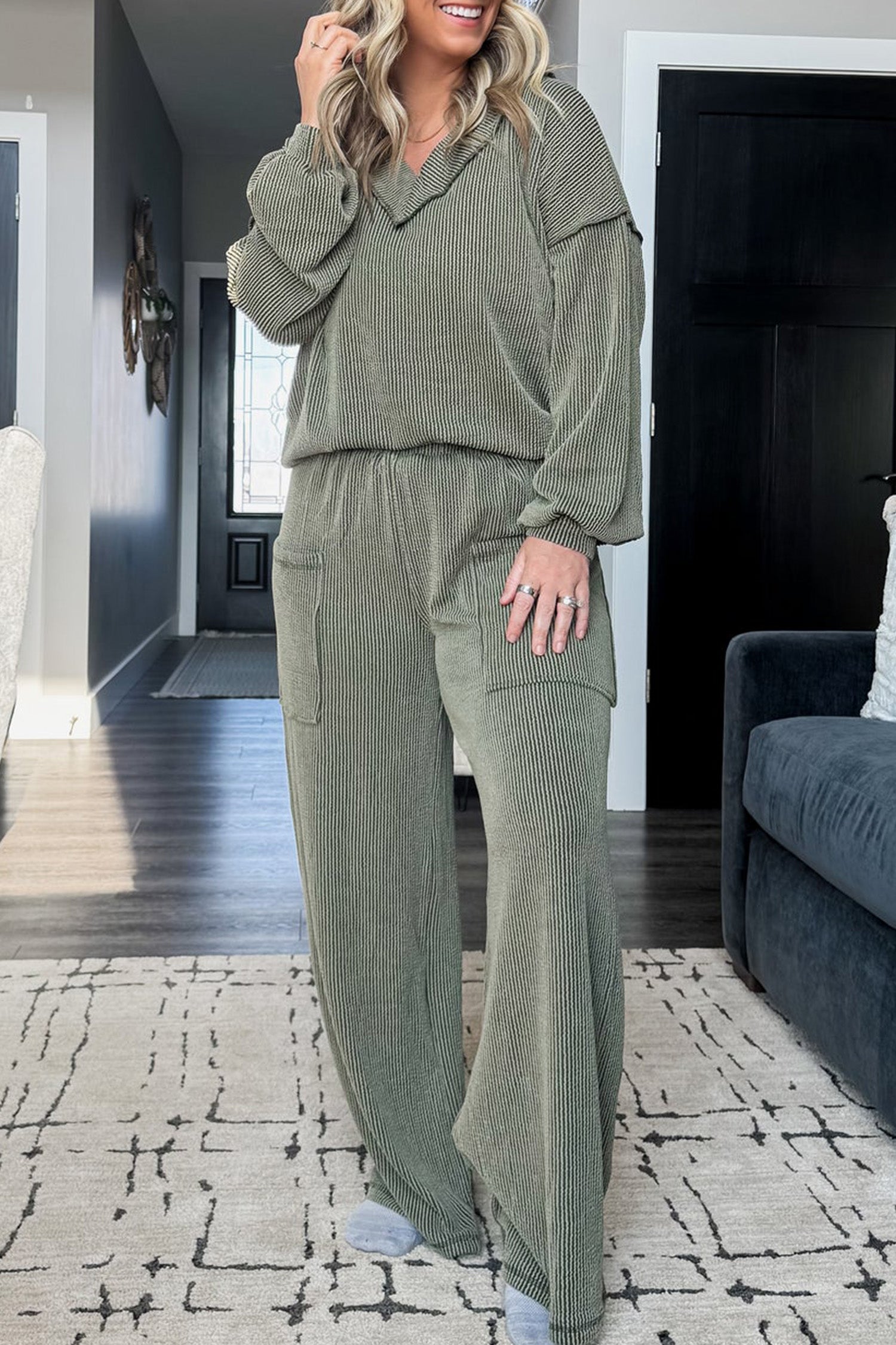 Twisted Ribbed Exposed Seam Detail V Neck Pullover Plus Size Pant Set – Four Leaf Clover