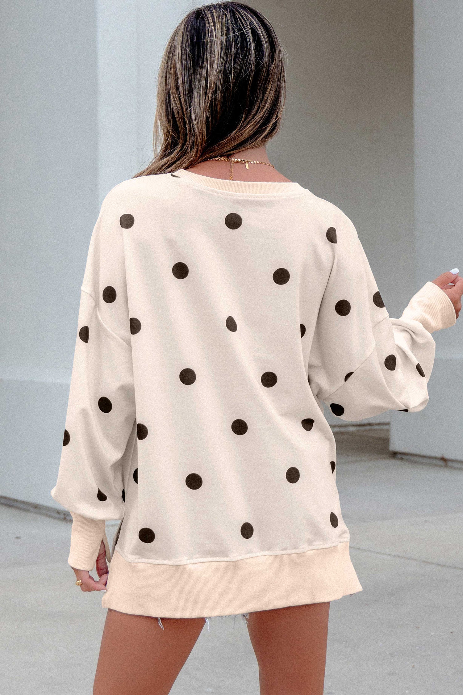 Loose-fit Long Sleeve Round Neck Polka Dot Tunic Sweatshirt – Beige