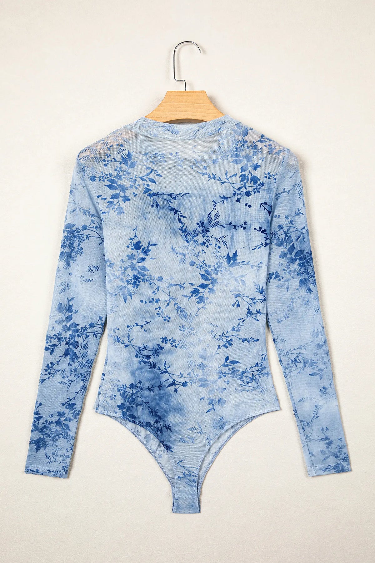 Sky Blue Sheer Mesh Floral Printed Mock Neck Long Sleeve Bodysuit – Light Blue