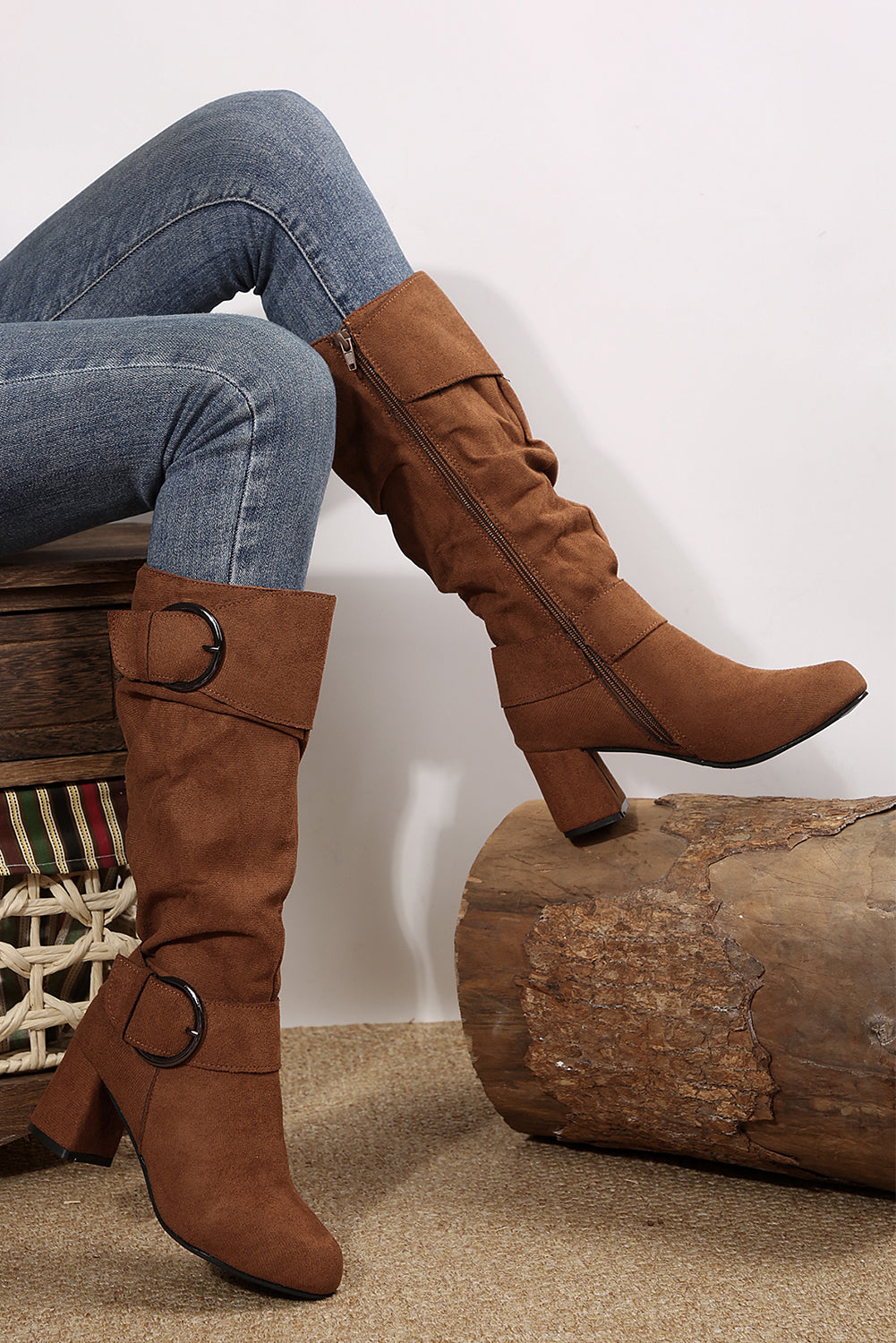 Coffee Suede Double Buckled Side Zipped Mid-calf Boots - eAura