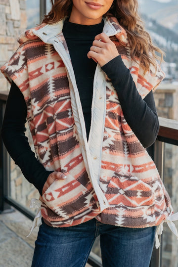 Geometric Print Fleece Metal Button Placket Shift Silhouette Vest – Multicolour