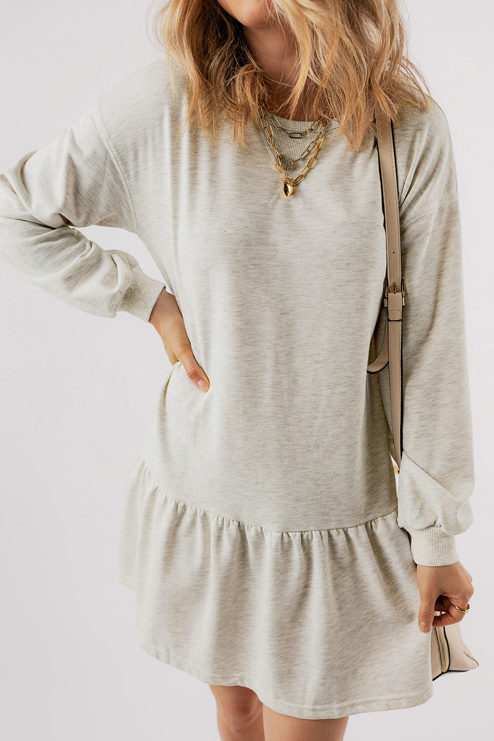 White Solid Colour Puff Sleeve Ruffle Hem Mini Dress eAura
