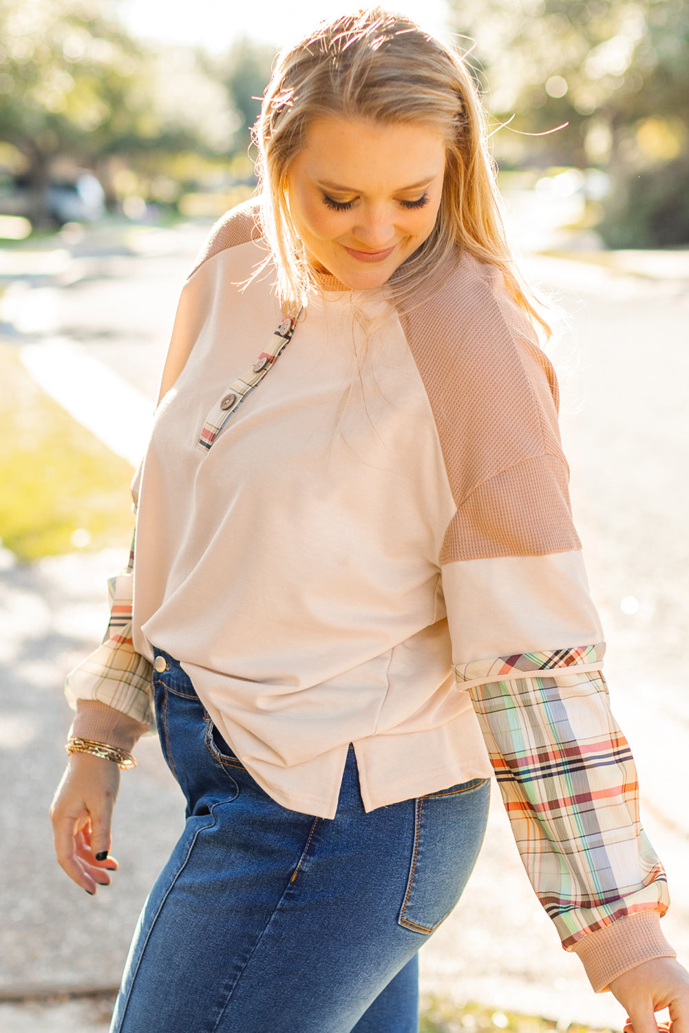 Parchment Plus Size Plaid Patchwork Layered Henley Top BB Fashion Outlet
