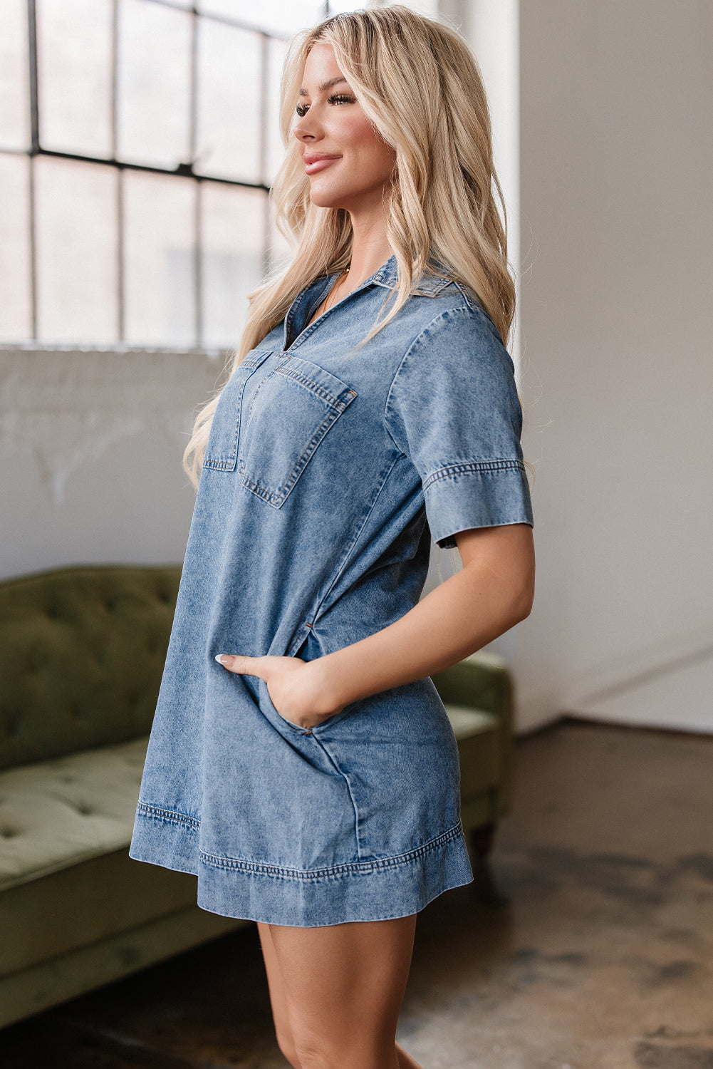 Beau Blue Short Sleeve Collared Patched Pocket Denim Mini Dress BB Fashion Outlet