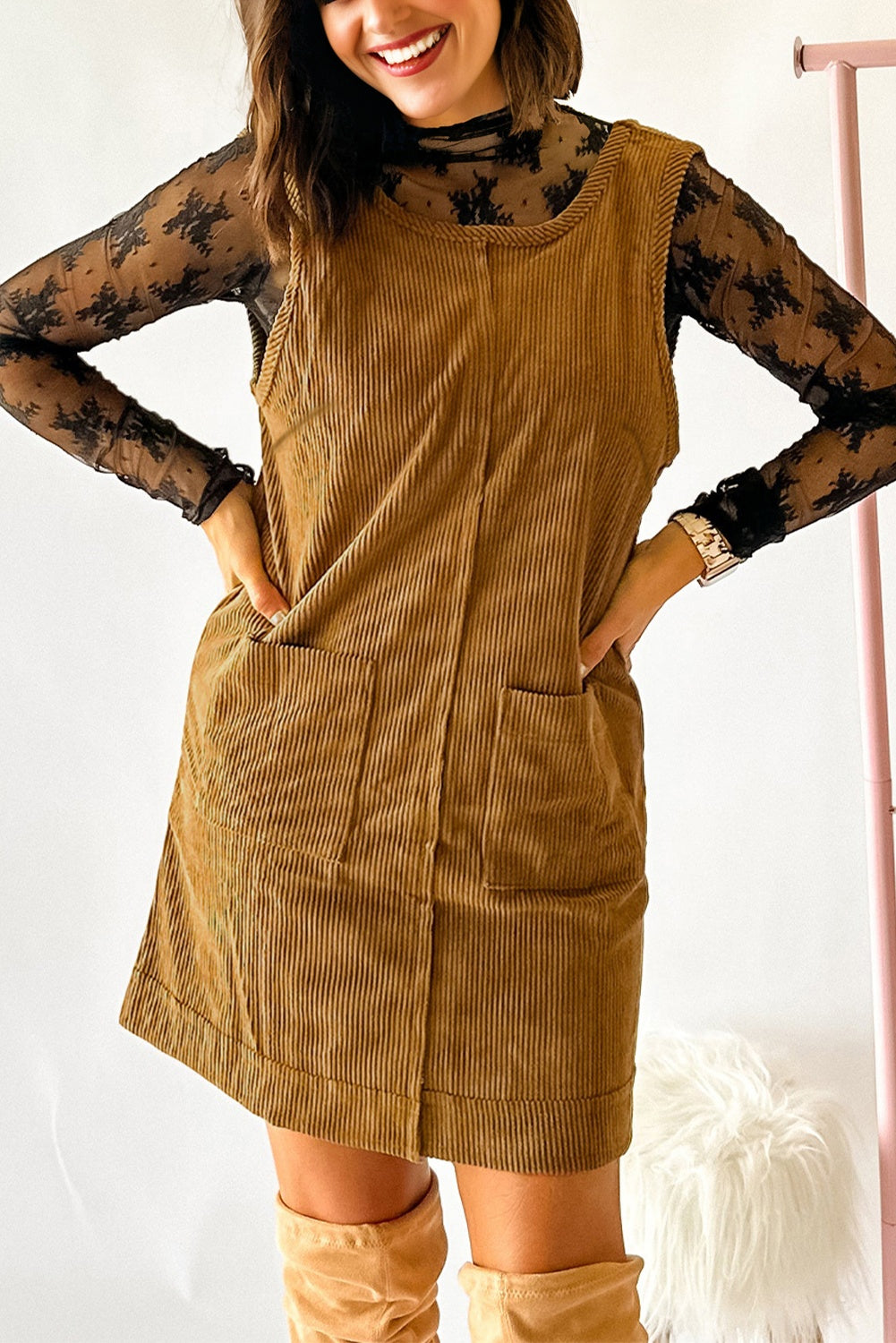 Soft Corduroy Sleeveless Mini Dress With Patched Pockets - eAura