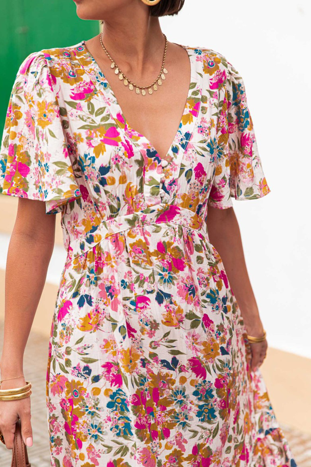 Red Floral Short Sleeve V Neck High Waist Maxi Dress eAura