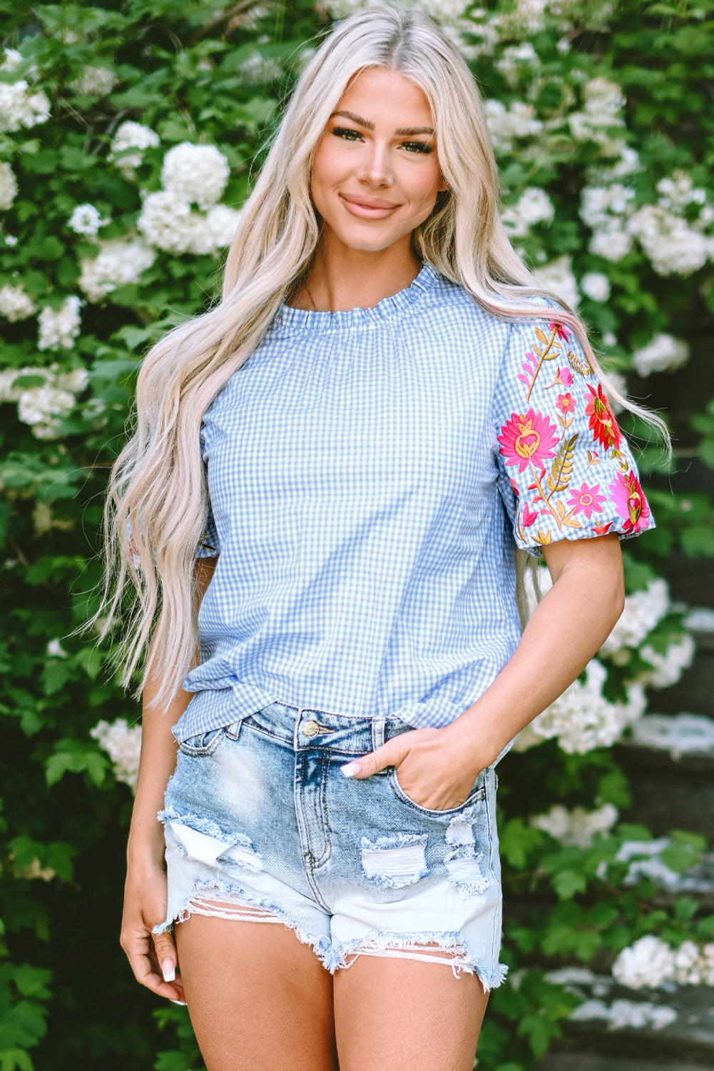Light Blue Gingham Floral Embroidered Puff Sleeve Blouse eAura