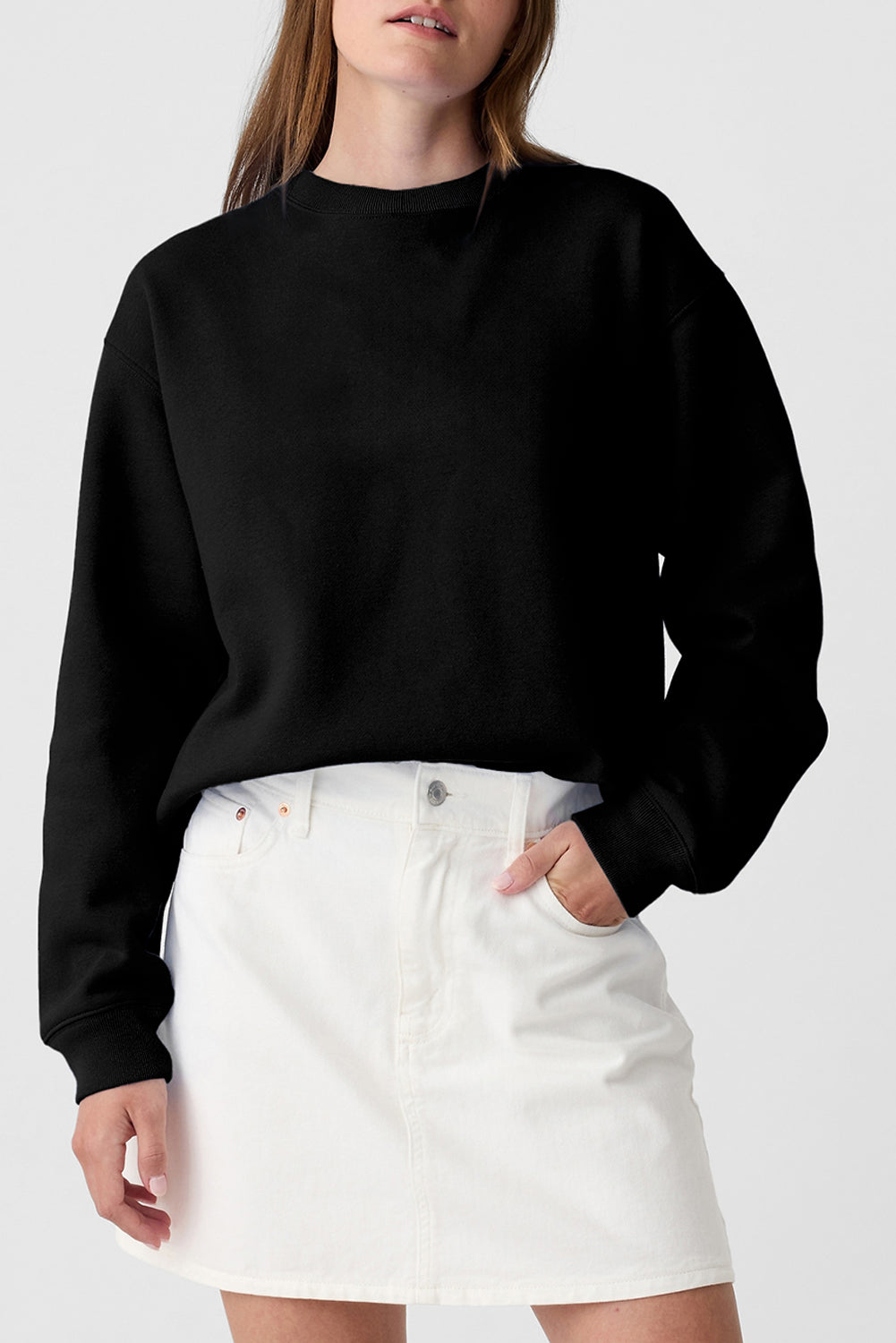 Black Plain Drop Shoulder Crewneck Pullover Sweatshirt eAura