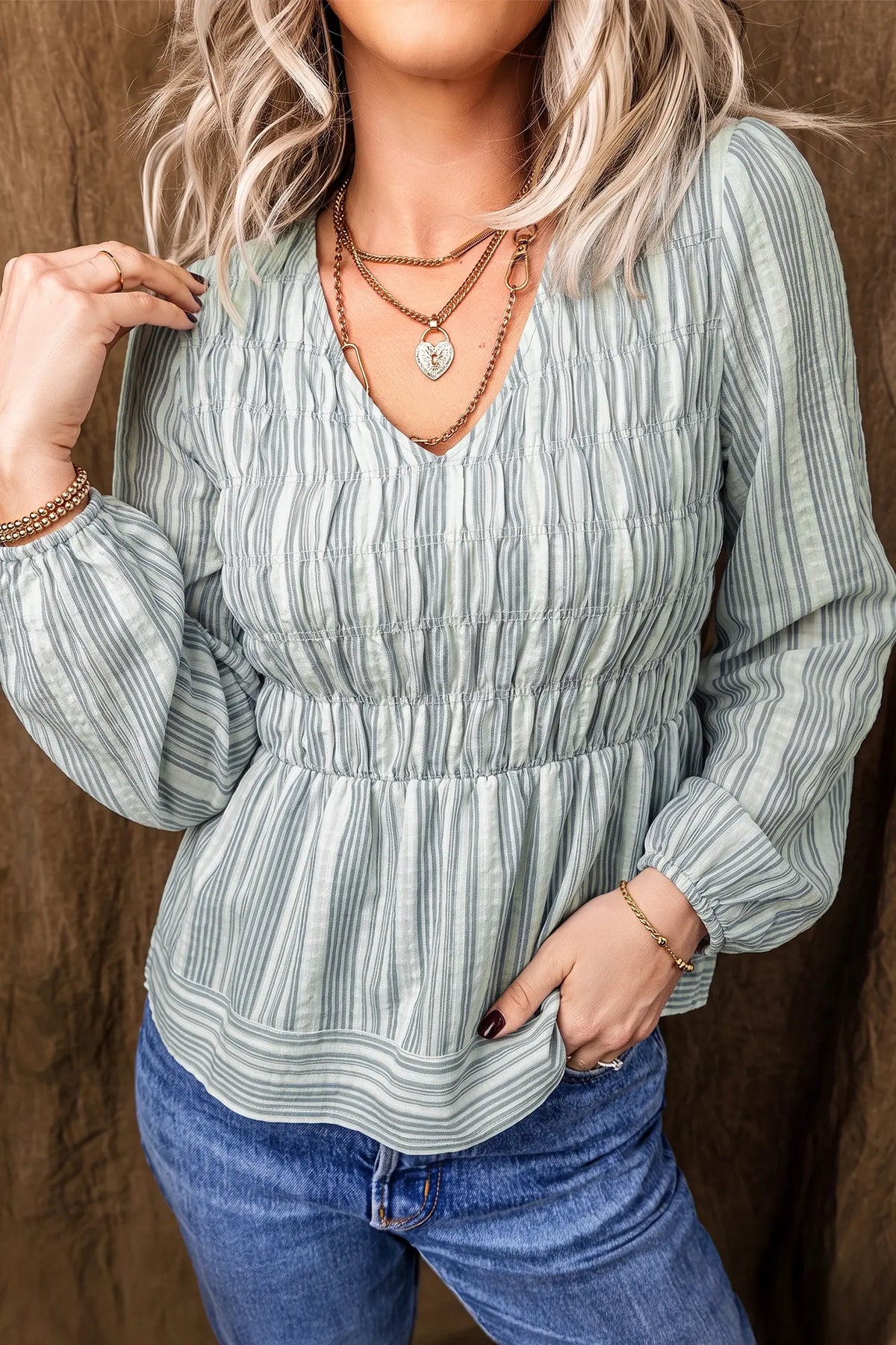 V Neck Shirred Long Sleeve Blouse – Blue Stripe