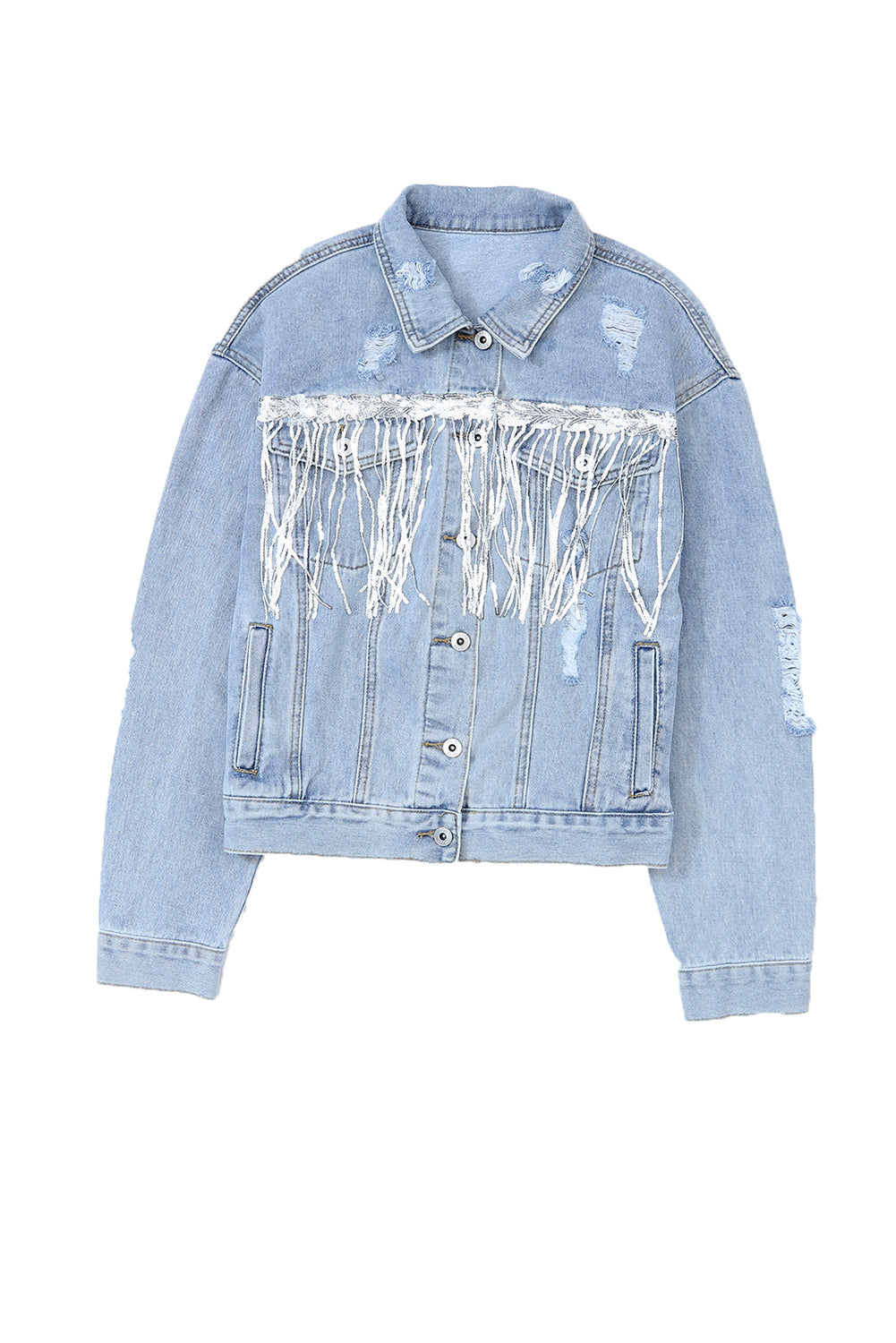 Sky Blue Sequin Embellished Fringe Distressed Denim Jacket Beagle Boutique Fashion Outlet