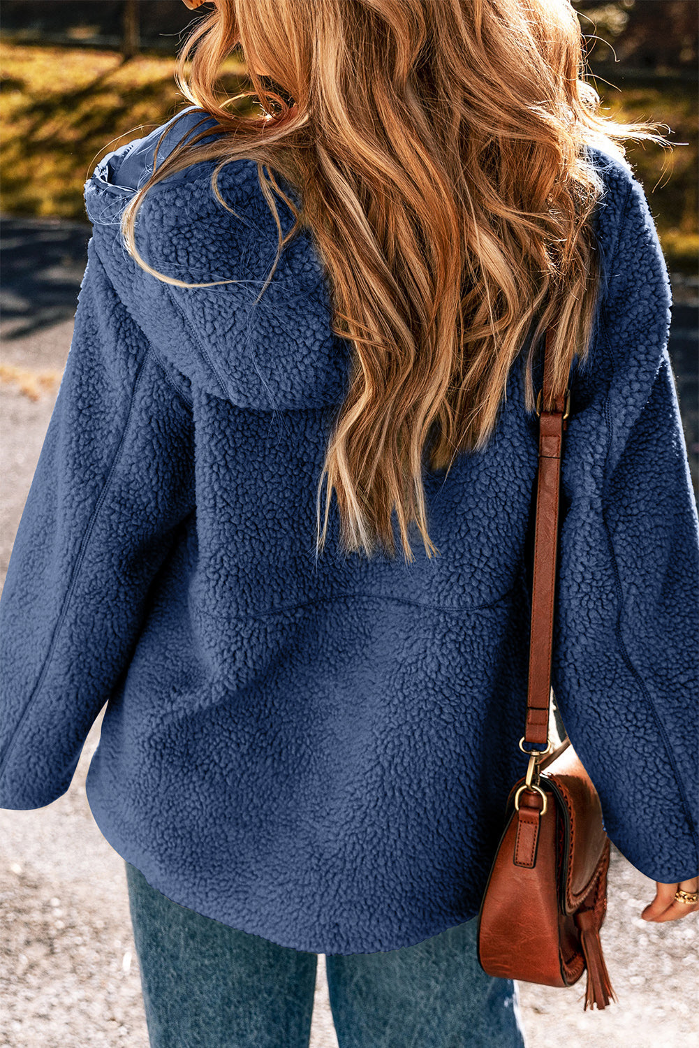 Beige Fleece Zip Up Drawstring Hooded Pocketed Jacket eAura