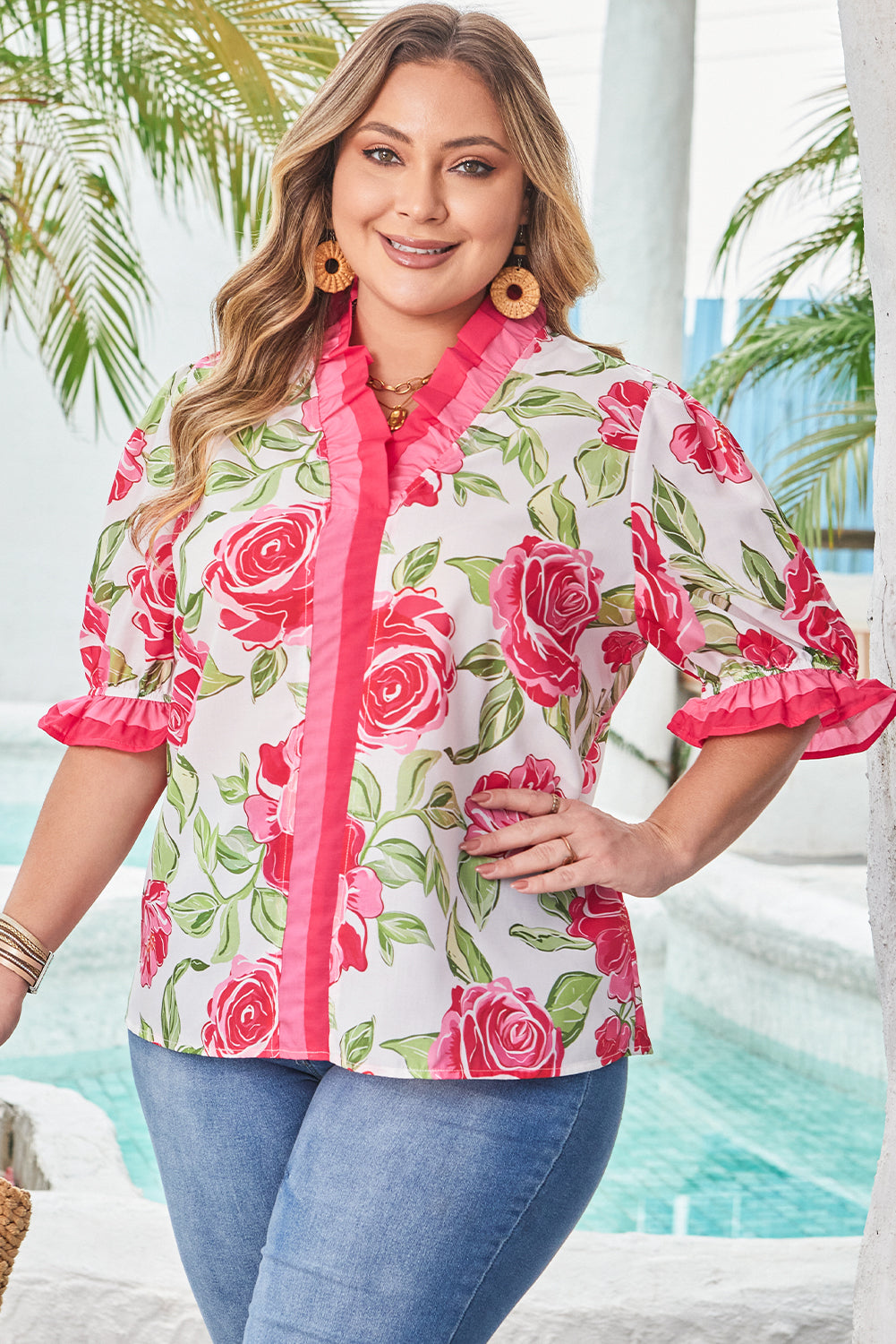 Plus Size Floral Print Frilled Stripe Short Sleeve Blouse – Rose